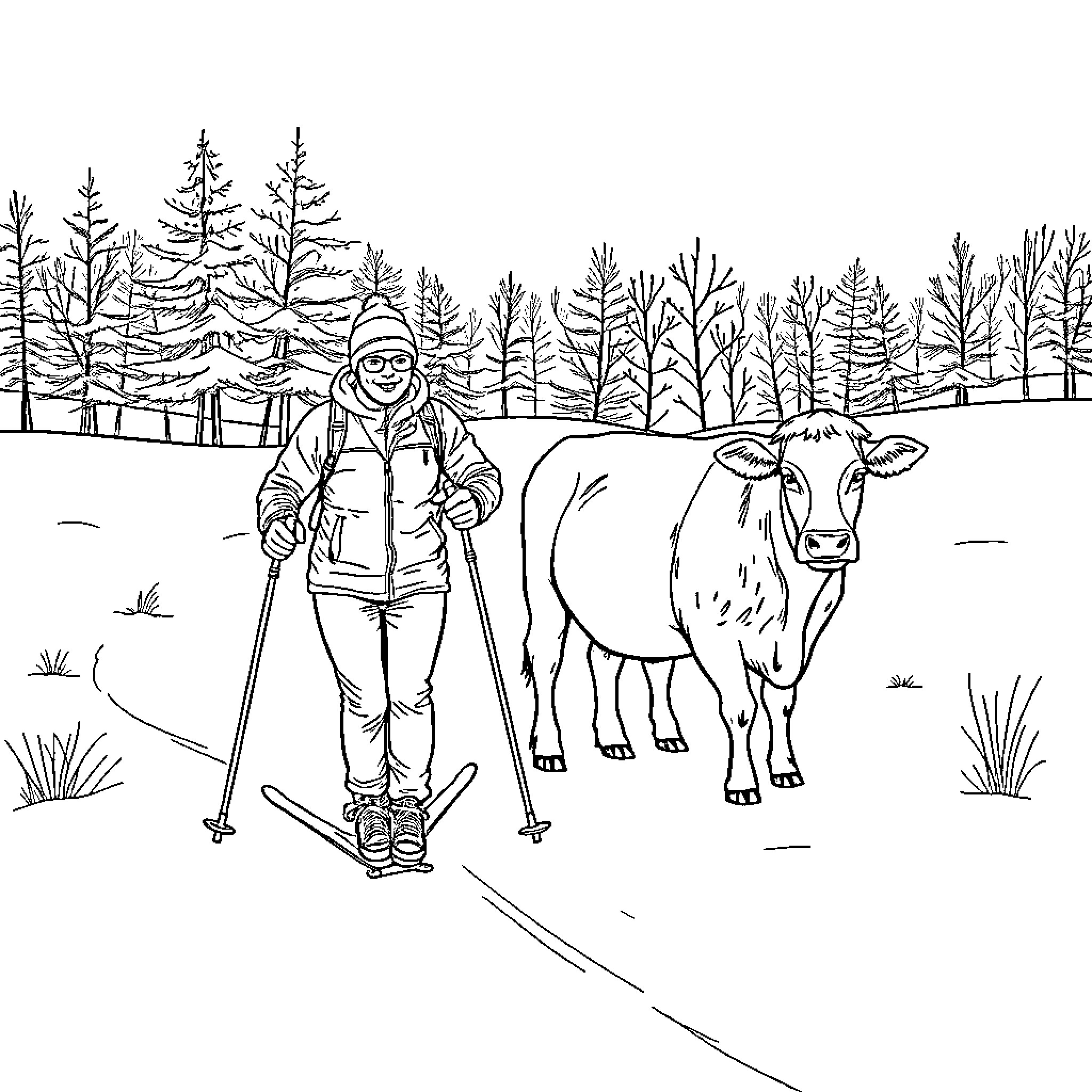 Cross Country Skier Traversing Snowy Landscape with Cow Coloring Page (free black-and-white line drawing printable PDF for all, from beginners to advanced learners, including children, teens, adults, and seniors)