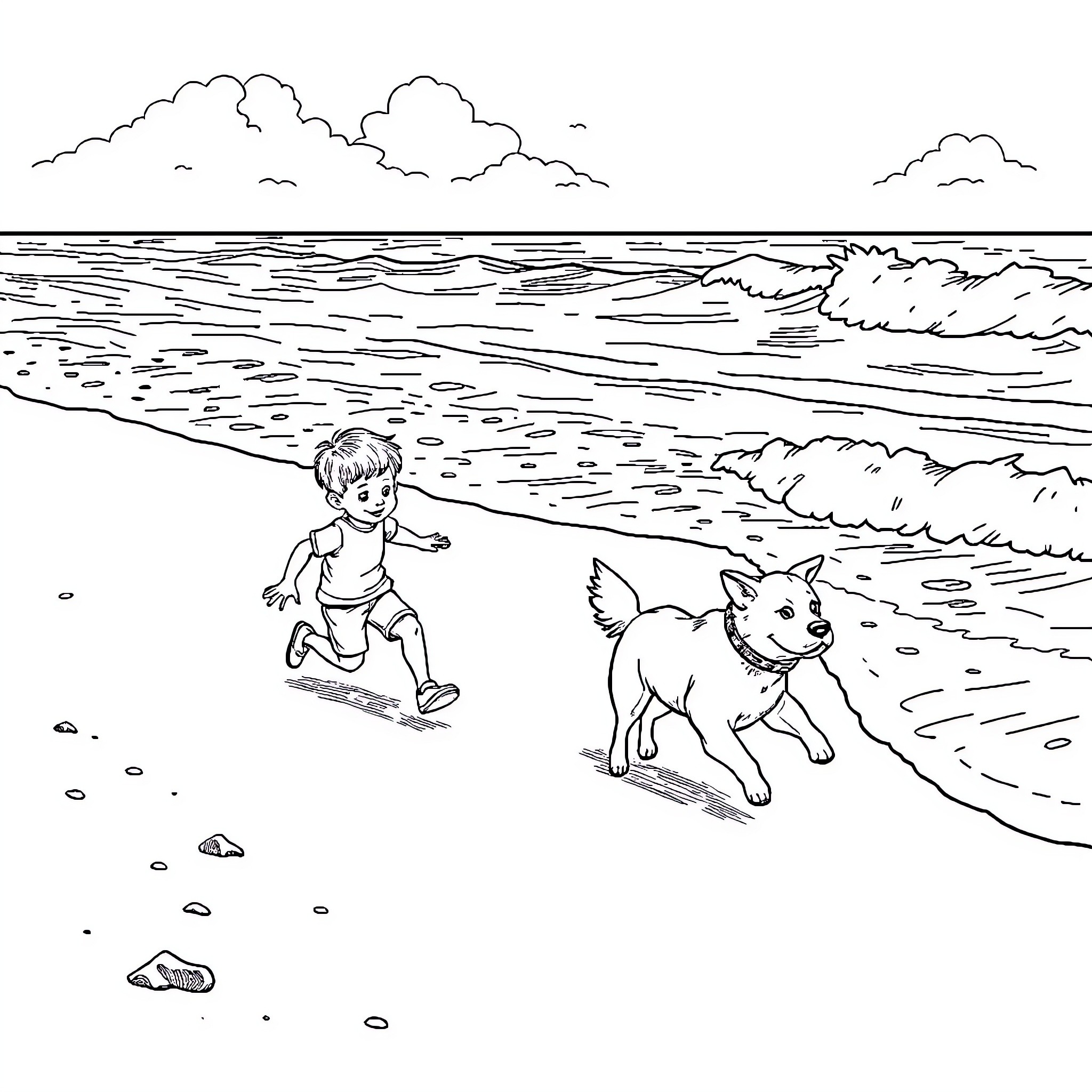 Boy and dog playing joyfully on the beach Coloring Page (free black-and-white line drawing printable PDF for all, from beginners to advanced learners, including children, teens, adults, and seniors)