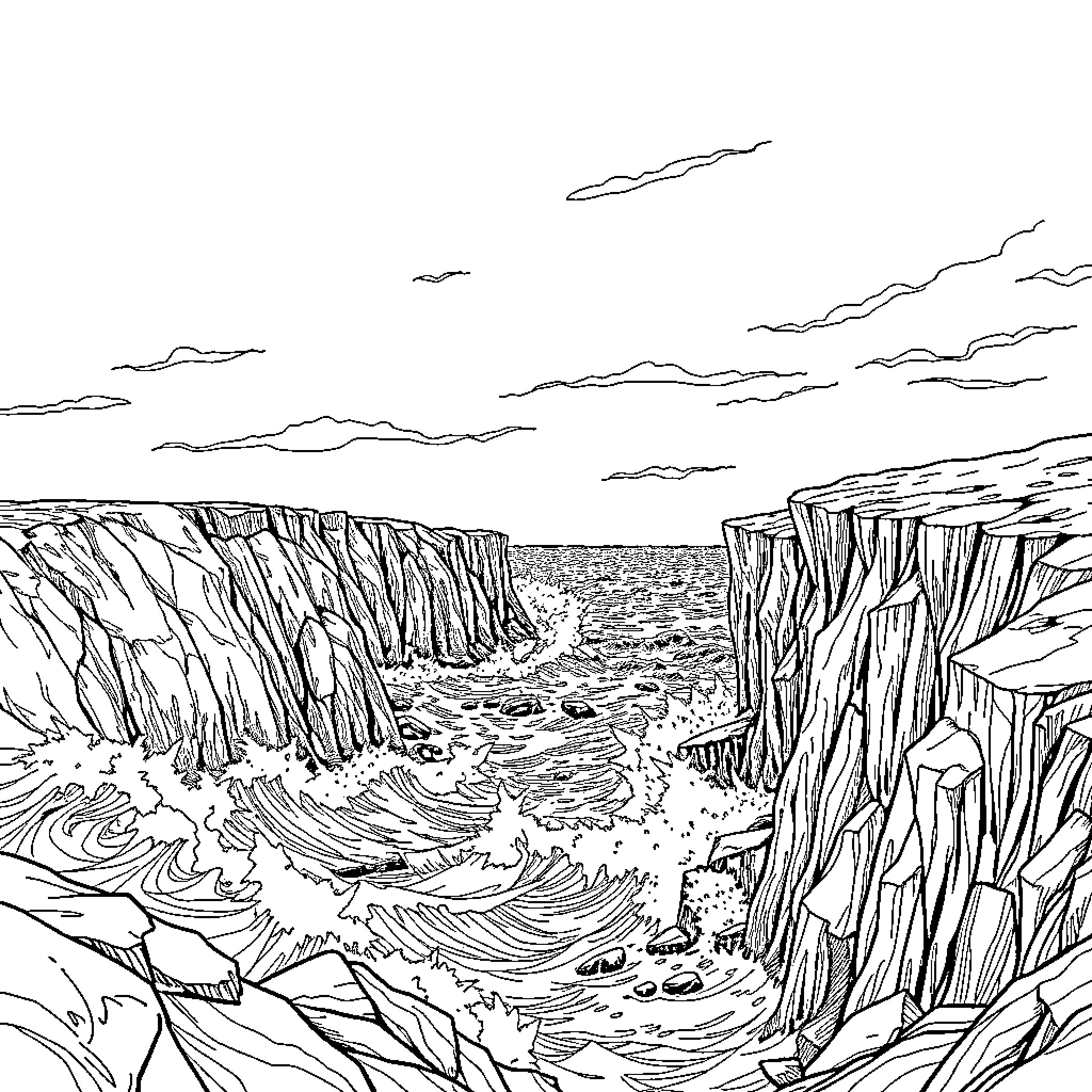Cliff overlooking rugged terrain and rocky formations Coloring Page (free black-and-white line drawing printable PDF for all, from beginners to advanced learners, including children, teens, adults, and seniors)