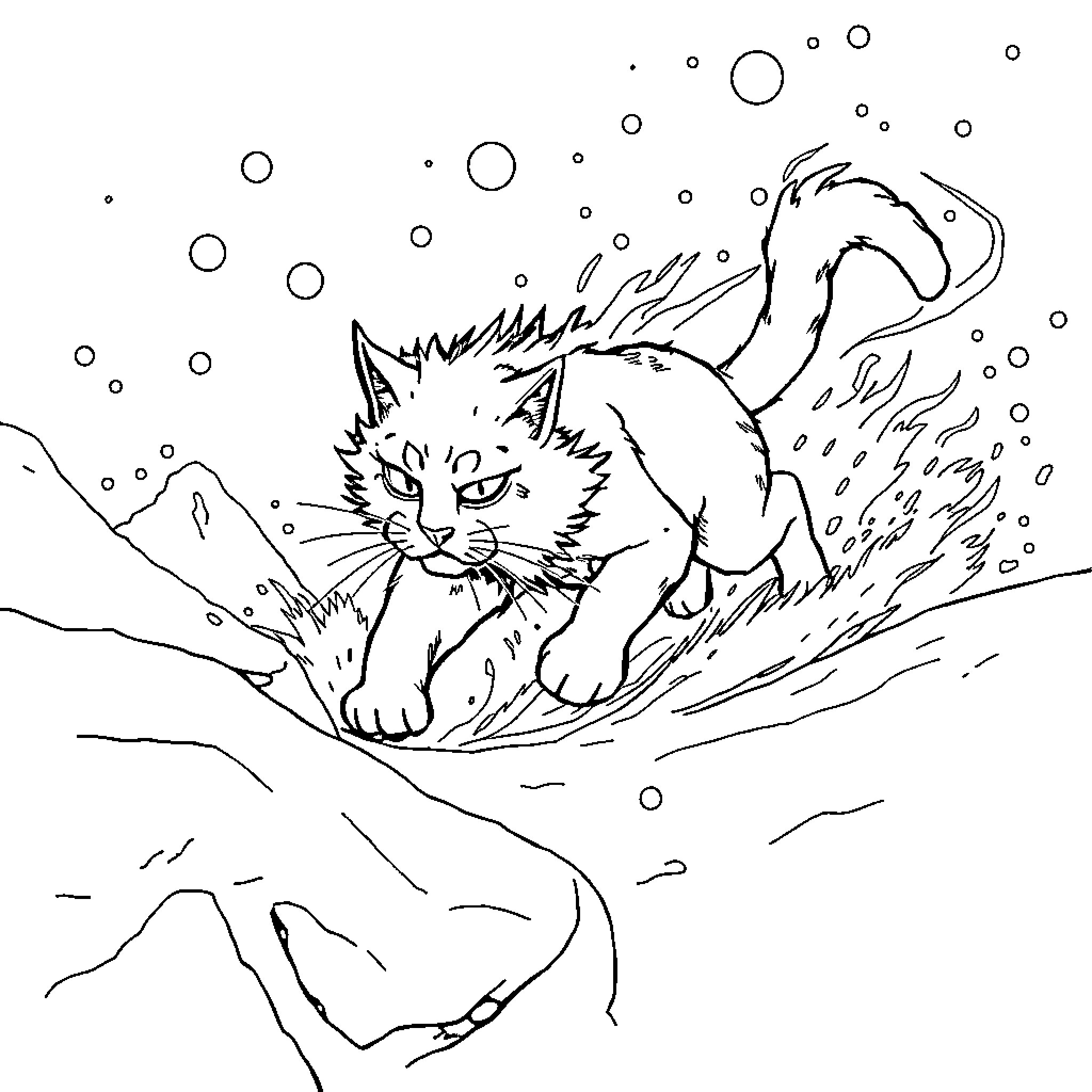 Thundercat playing joyfully in snowy landscape Coloring Page (free black-and-white line drawing printable PDF for all, from beginners to advanced learners, including children, teens, adults, and seniors)
