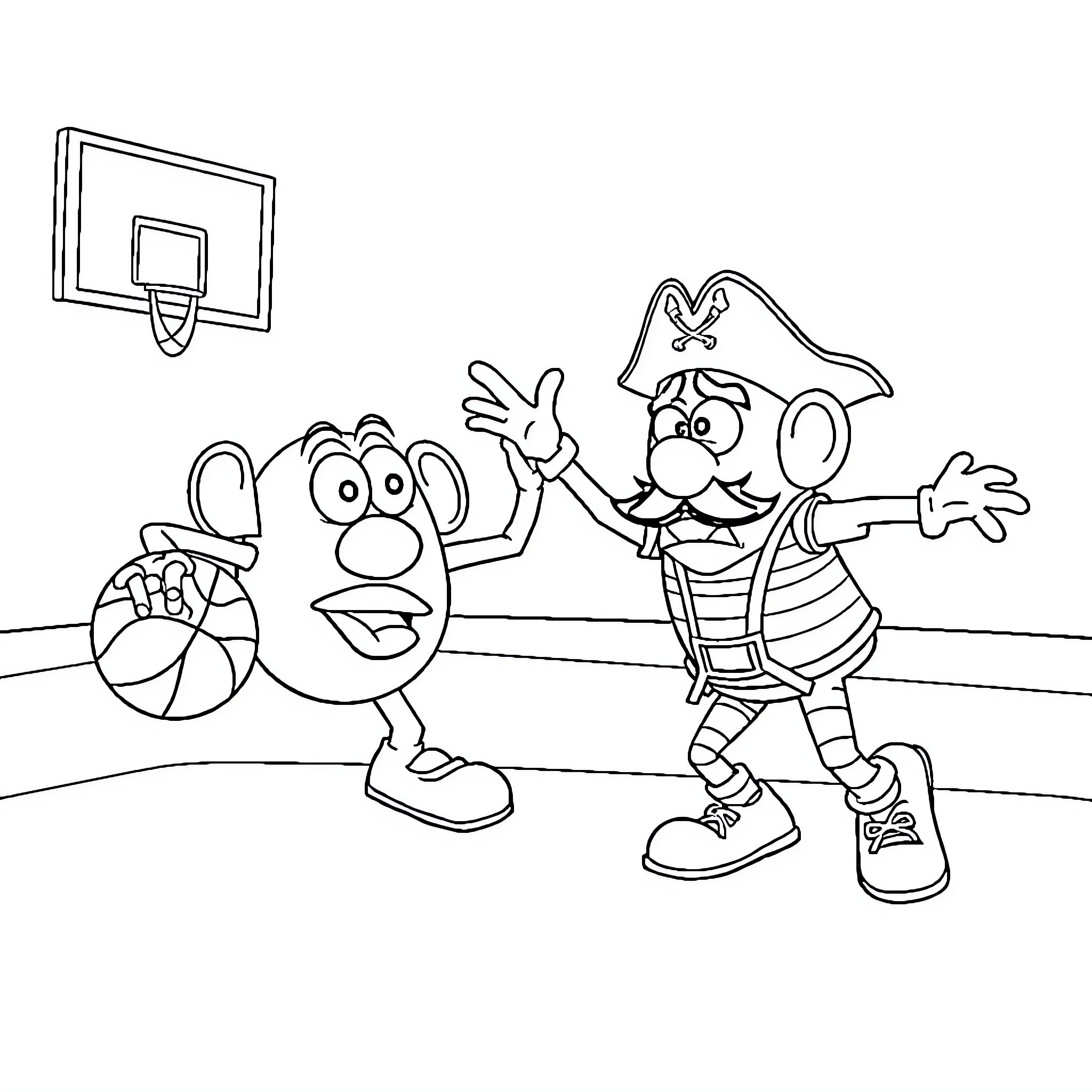 Mr. Potato Head playing basketball with pirate Coloring Page (free black-and-white line drawing printable PDF for all, from beginners to advanced learners, including children, teens, adults, and seniors)