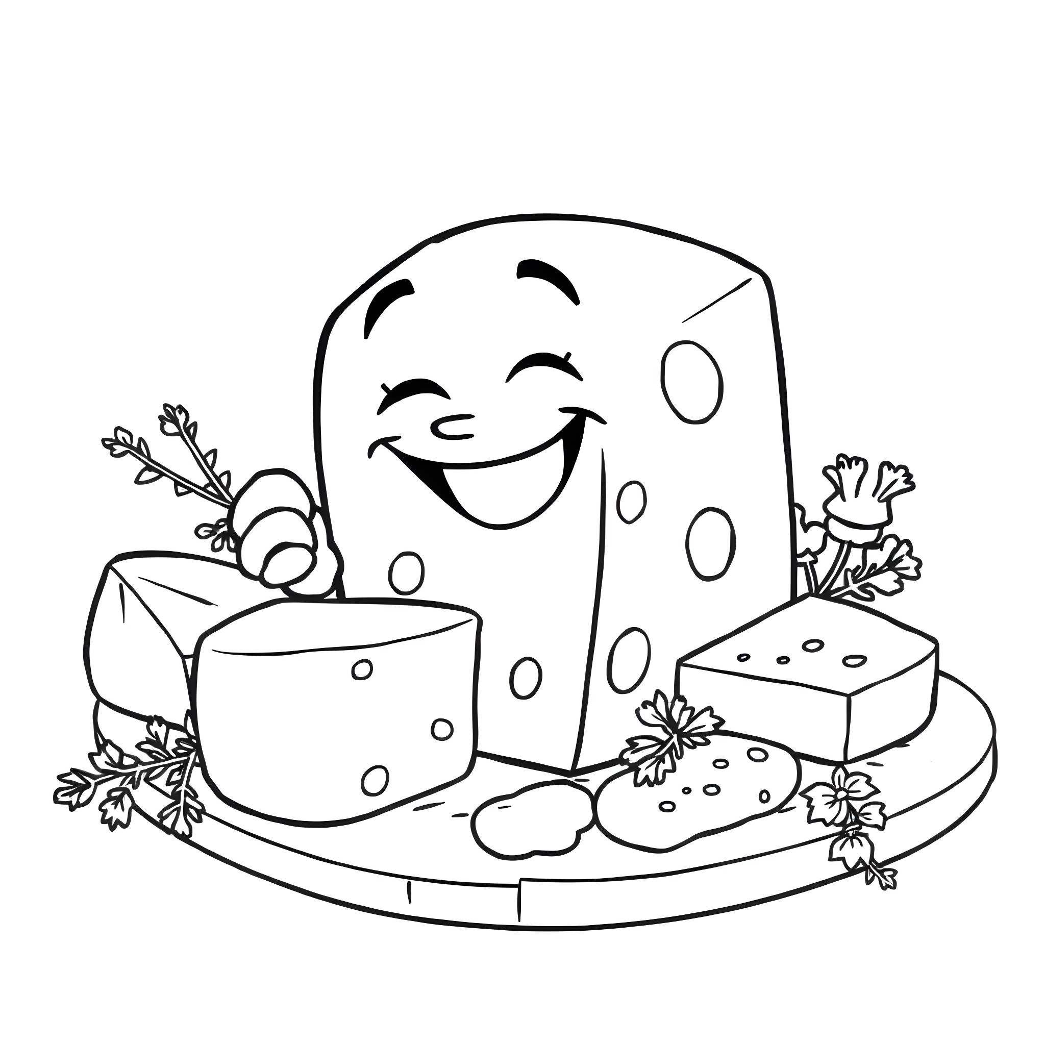 Cheese and Delightful Snacks Coloring Page (free black-and-white line drawing printable PDF for all, from beginners to advanced learners, including children, teens, adults, and seniors)