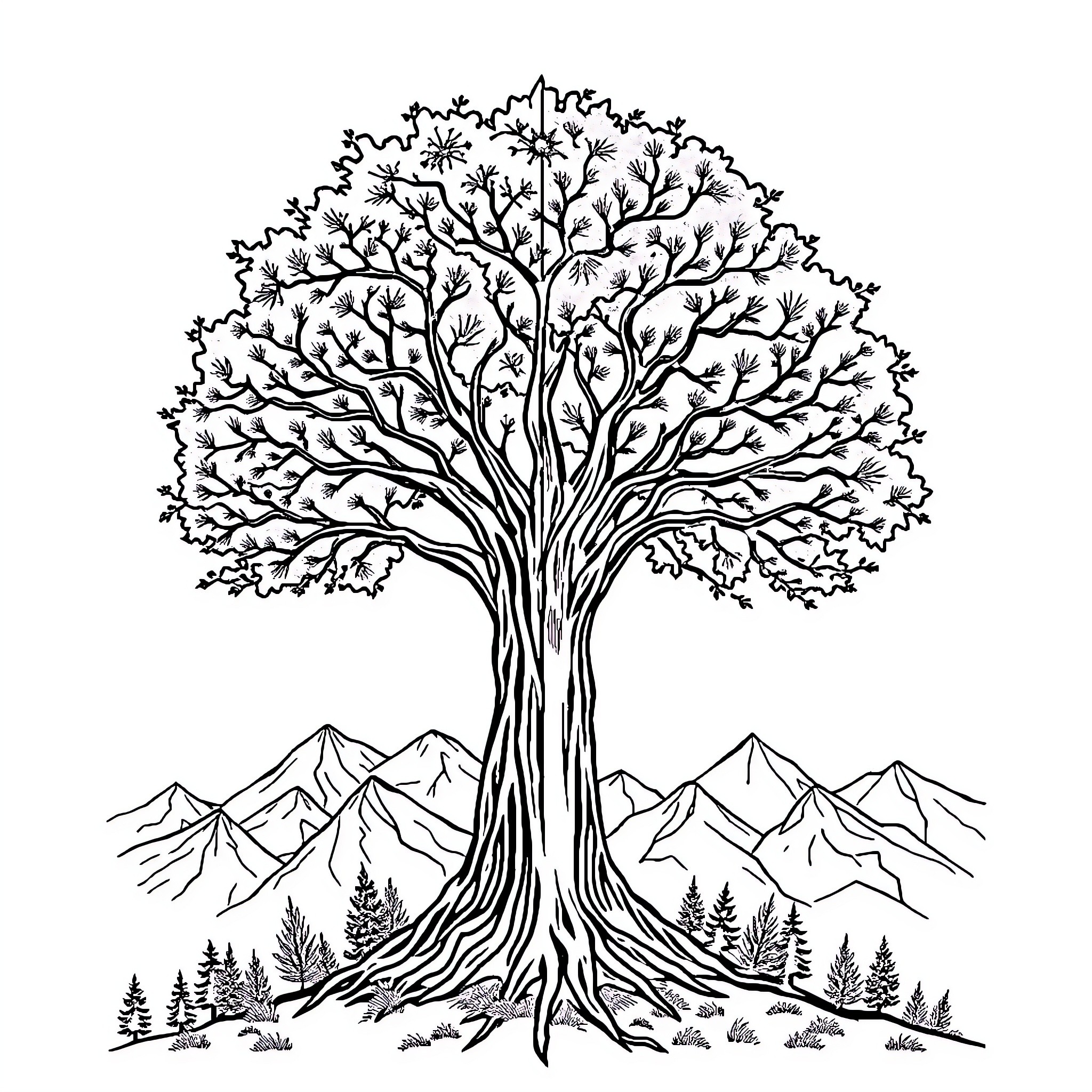 Tree with detailed branches amid mountains Coloring Page (free black-and-white line drawing printable PDF for all, from beginners to advanced learners, including children, teens, adults, and seniors)
