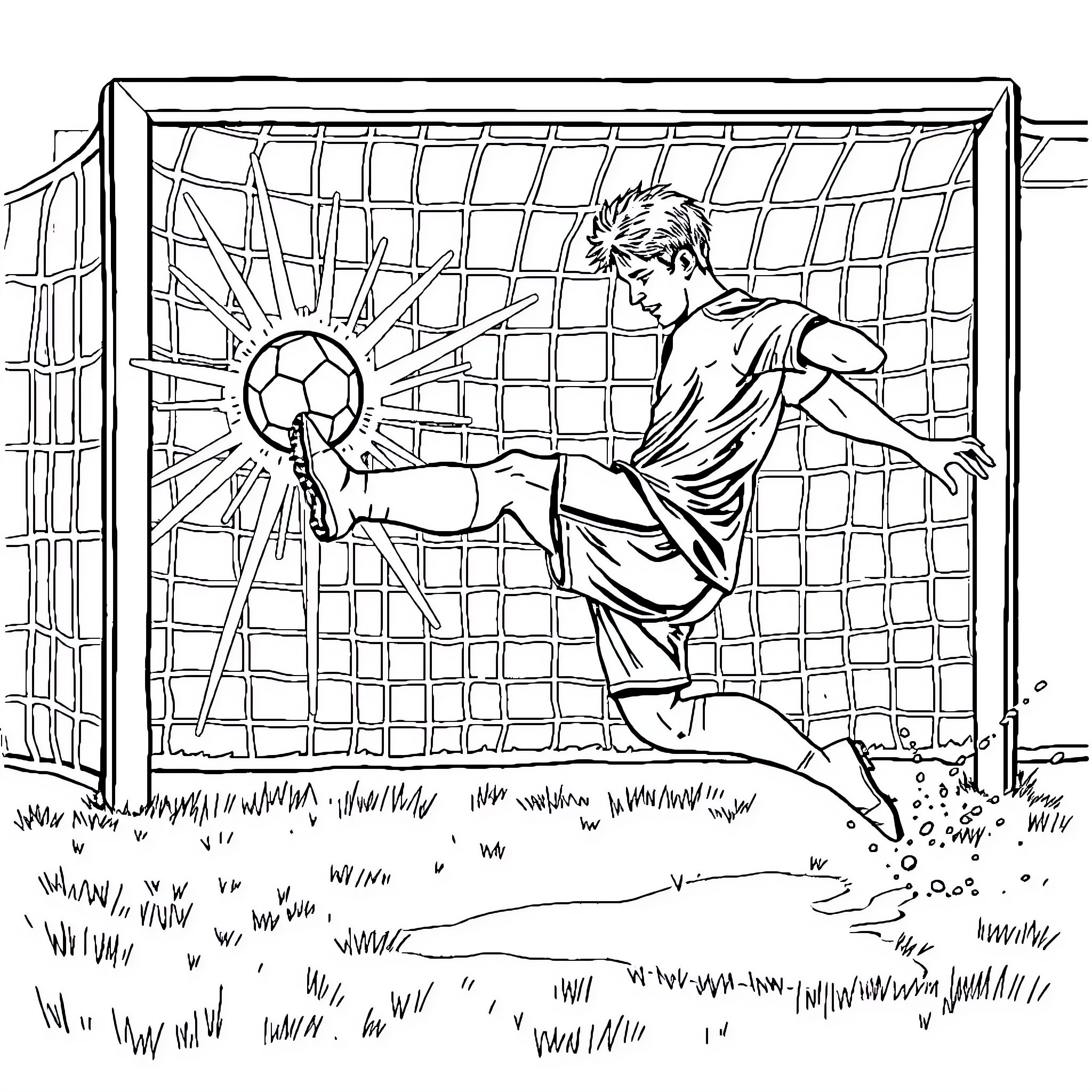Soccer Player Preparing to Take a Shot on Goal Coloring Page (free black-and-white line drawing printable PDF for all, from beginners to advanced learners, including children, teens, adults, and seniors)