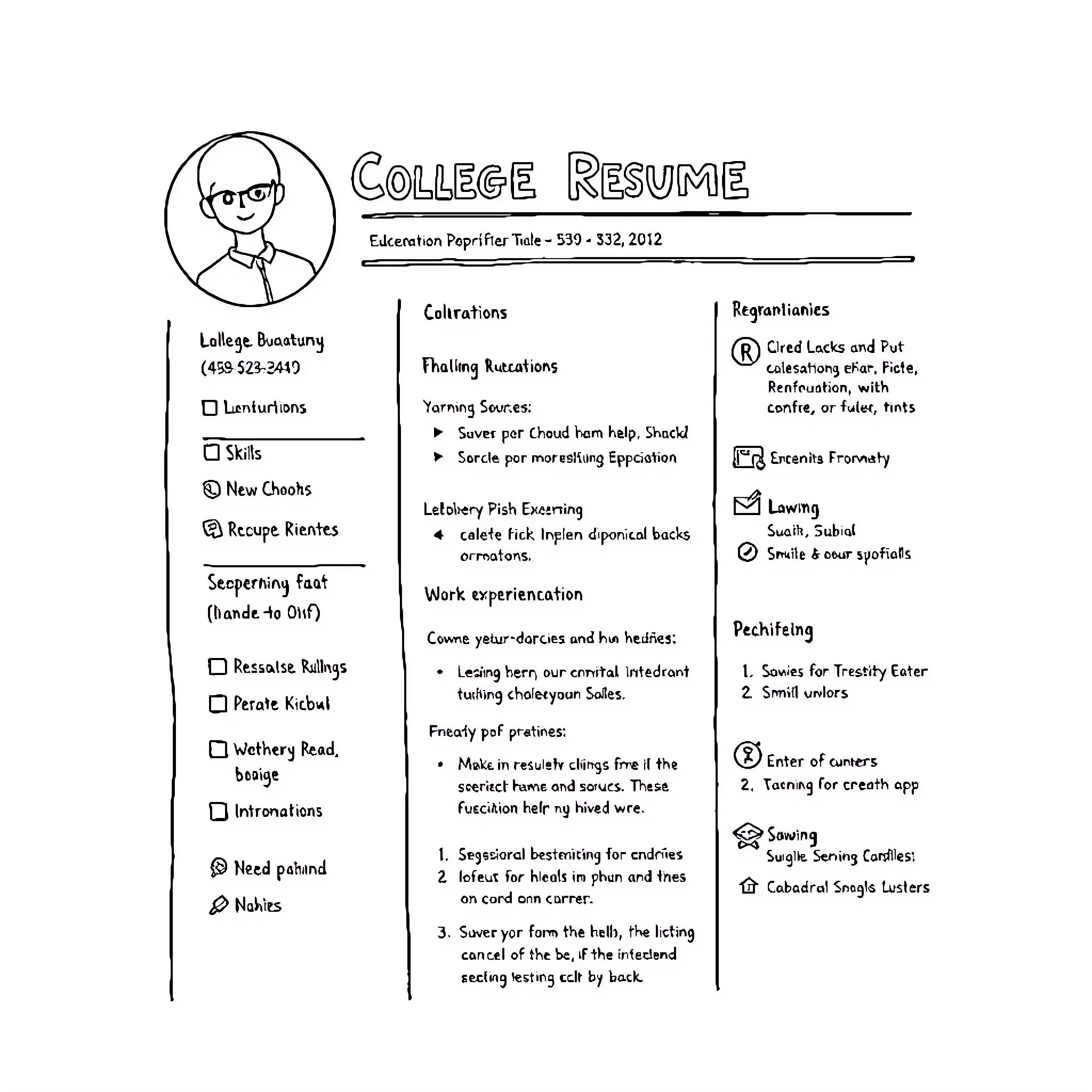 Resume for College Student Highlighting Experiences and Skills Coloring Page (free black-and-white line drawing printable PDF for all, from beginners to advanced learners, including children, teens, adults, and seniors)
