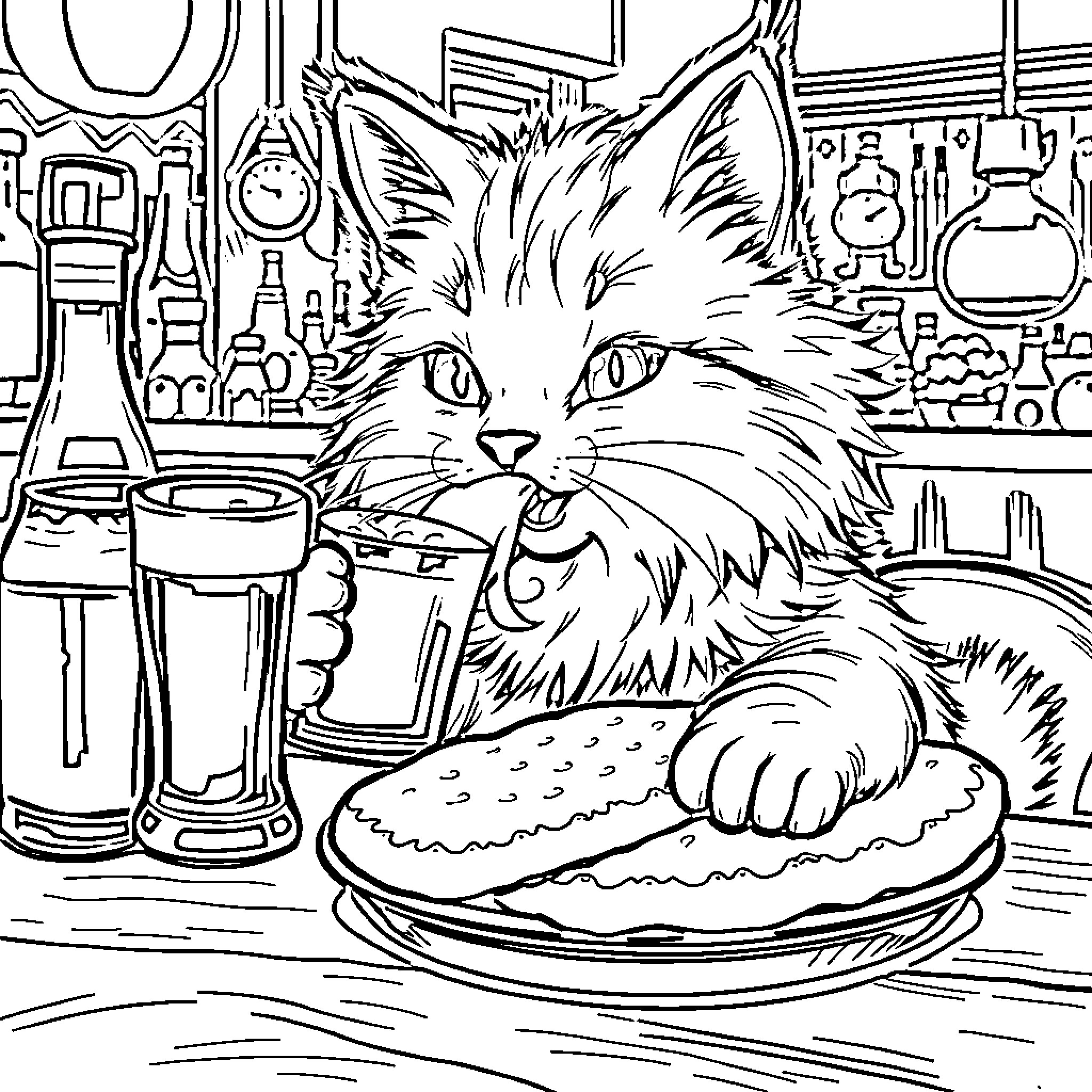Cat enjoying a snack in the lab Coloring Page (free black-and-white line drawing printable PDF for all, from beginners to advanced learners, including children, teens, adults, and seniors)
