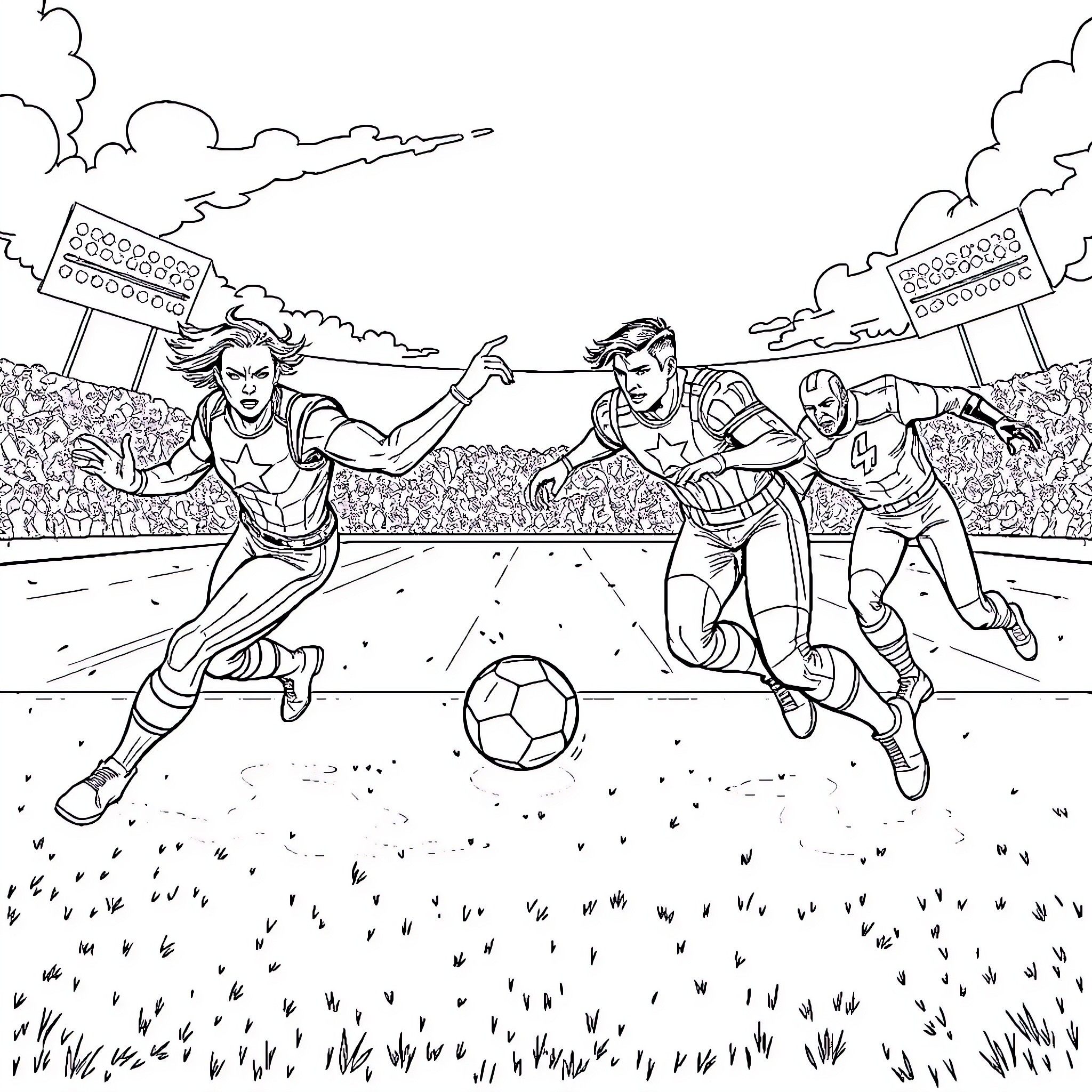 Avengers' Intense Soccer Match on the Field Coloring Page (free black-and-white line drawing printable PDF for all, from beginners to advanced learners, including children, teens, adults, and seniors)