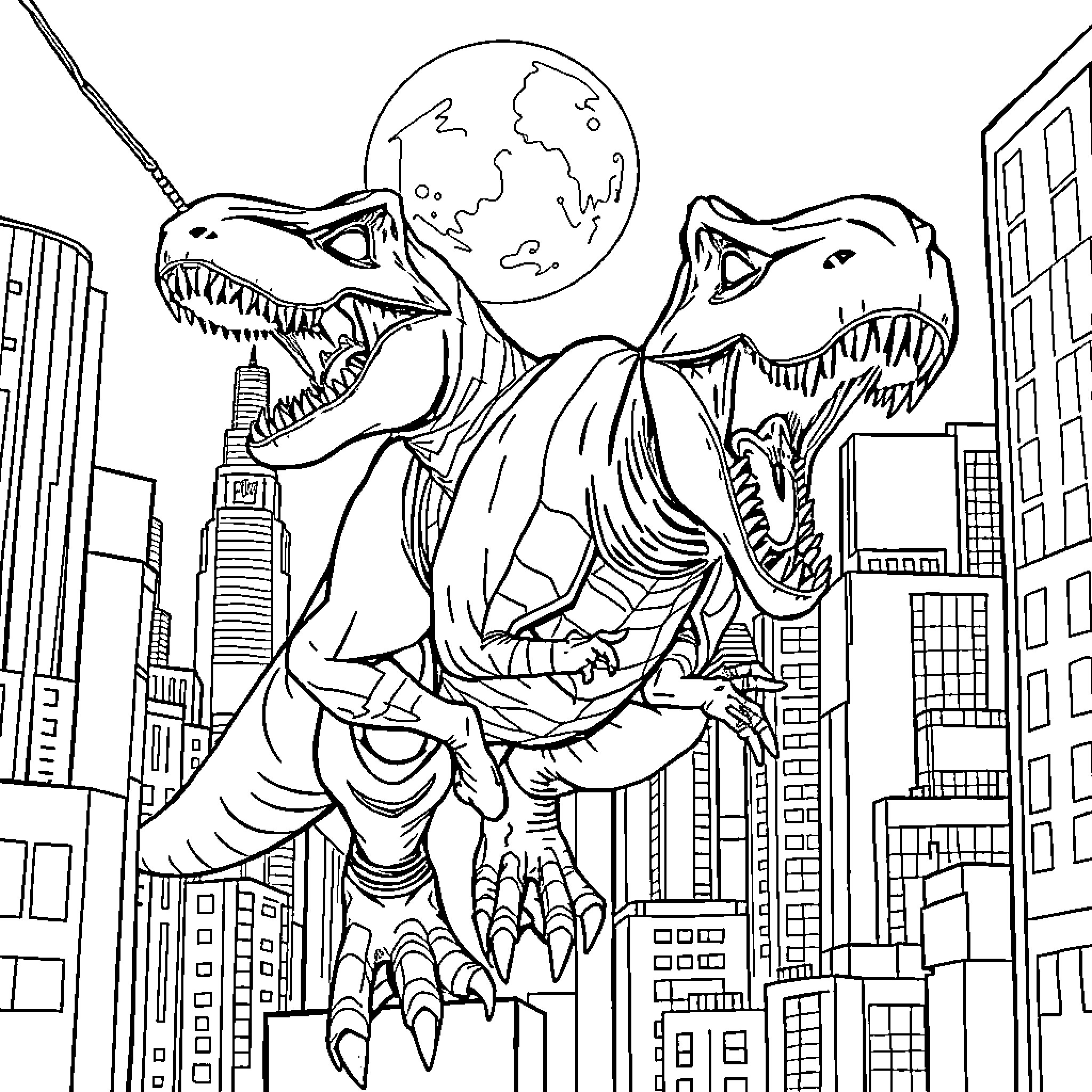 Spiderman battles giant dinosaur-like creatures in the city Coloring Page (free black-and-white line drawing printable PDF for all, from beginners to advanced learners, including children, teens, adults, and seniors)