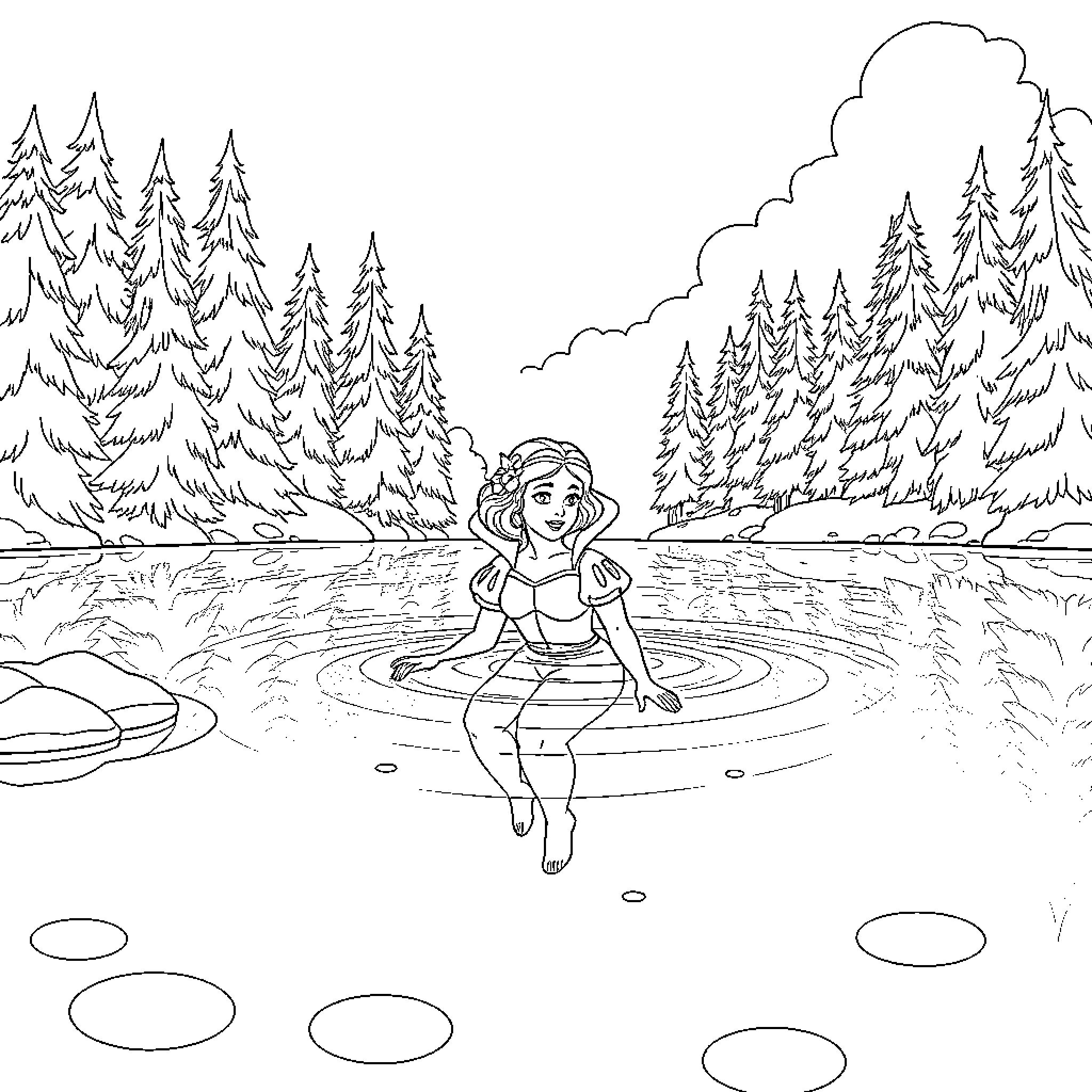 Snow White relaxing in a peaceful forest pond Coloring Page (free black-and-white line drawing printable PDF for all, from beginners to advanced learners, including children, teens, adults, and seniors)