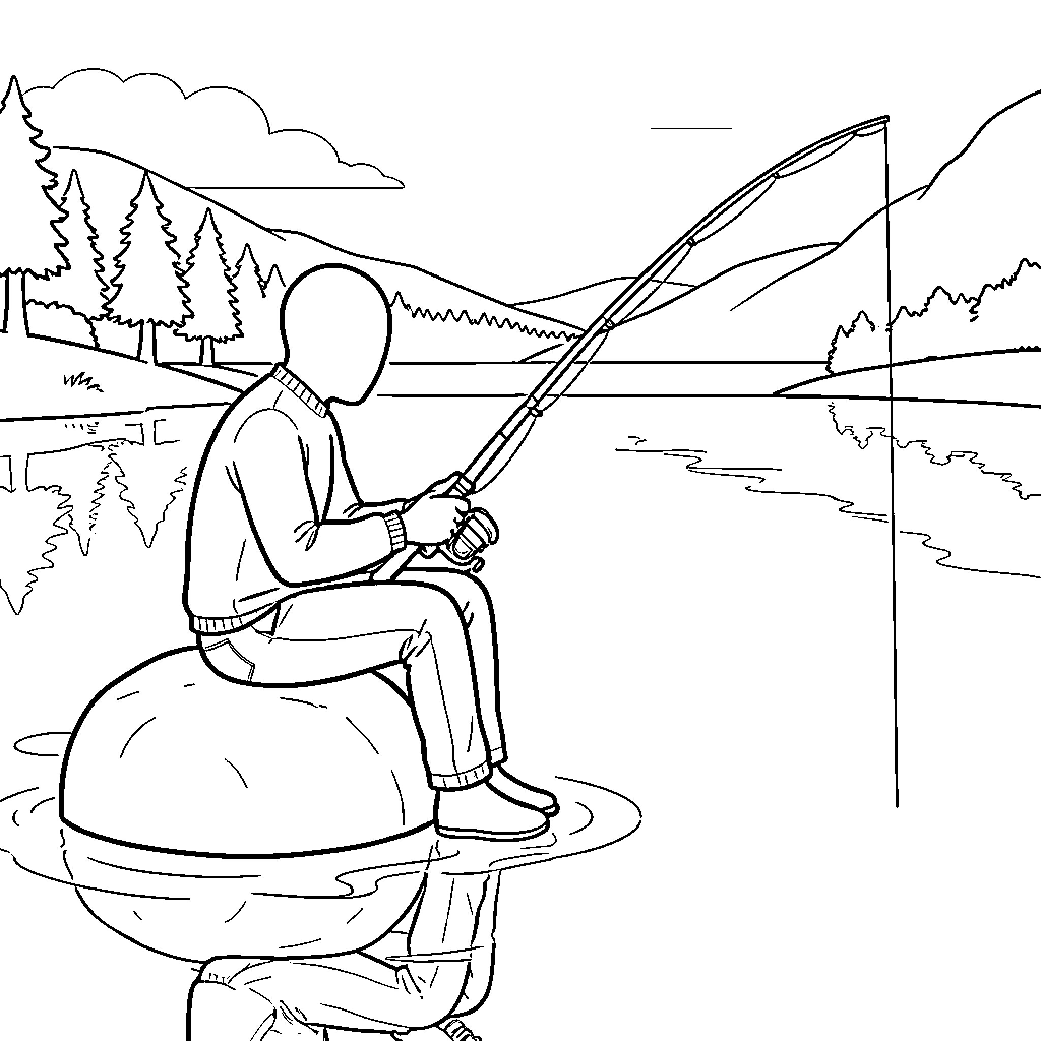 Invisible Man Fishing Peacefully by the Lake Coloring Page (free black-and-white line drawing printable PDF for all, from beginners to advanced learners, including children, teens, adults, and seniors)