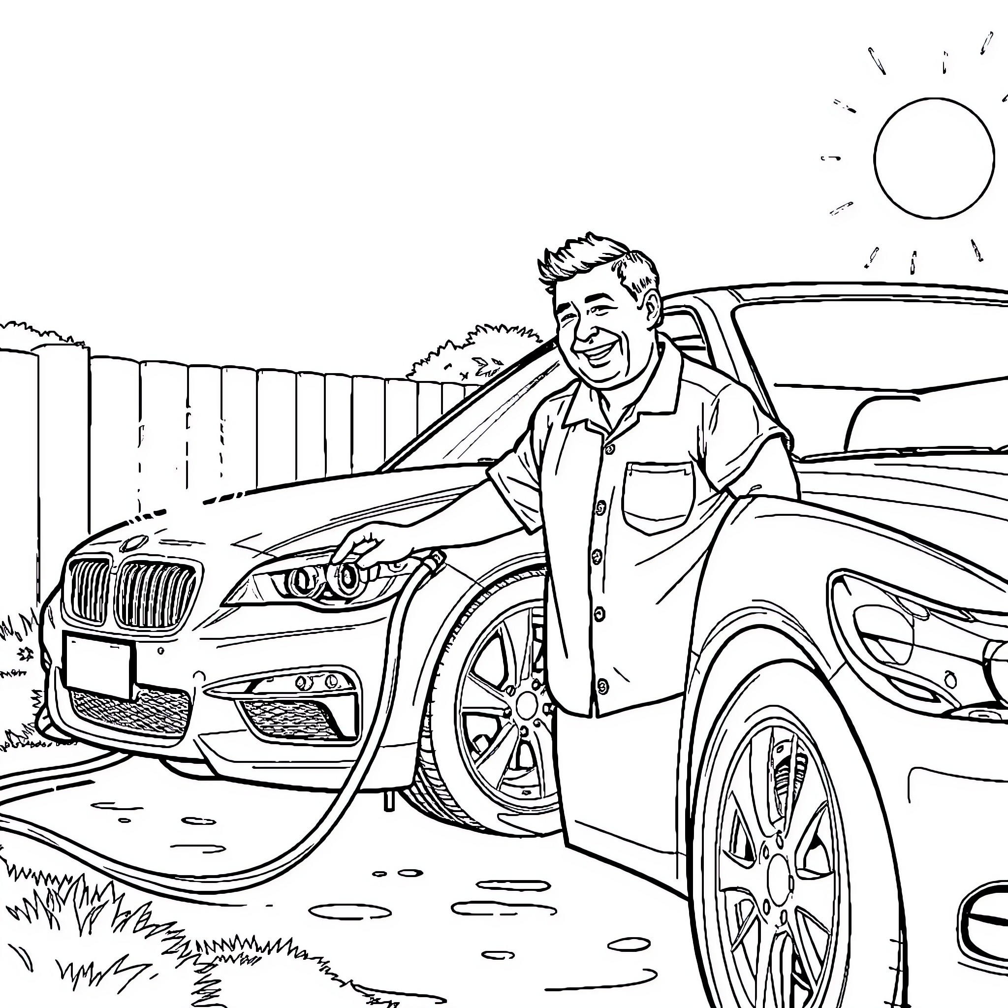 Todd Bodine repairs his vehicle in the countryside Coloring Page (free black-and-white line drawing printable PDF for all, from beginners to advanced learners, including children, teens, adults, and seniors)