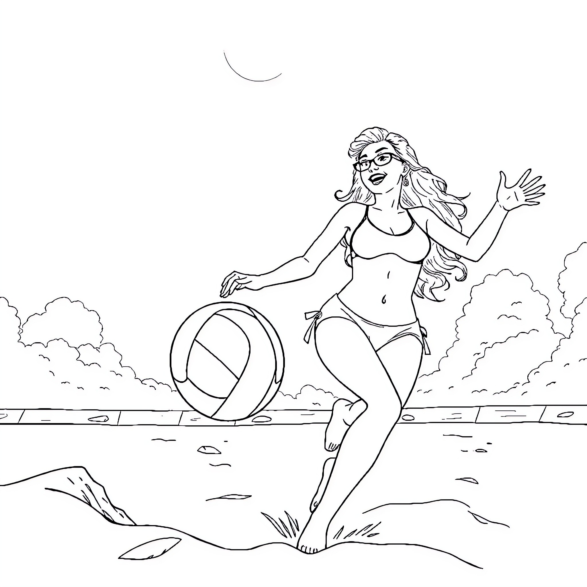 Elria Castamere's Joyful Beach Adventure Coloring Page (free black-and-white line drawing printable PDF for all, from beginners to advanced learners, including children, teens, adults, and seniors)