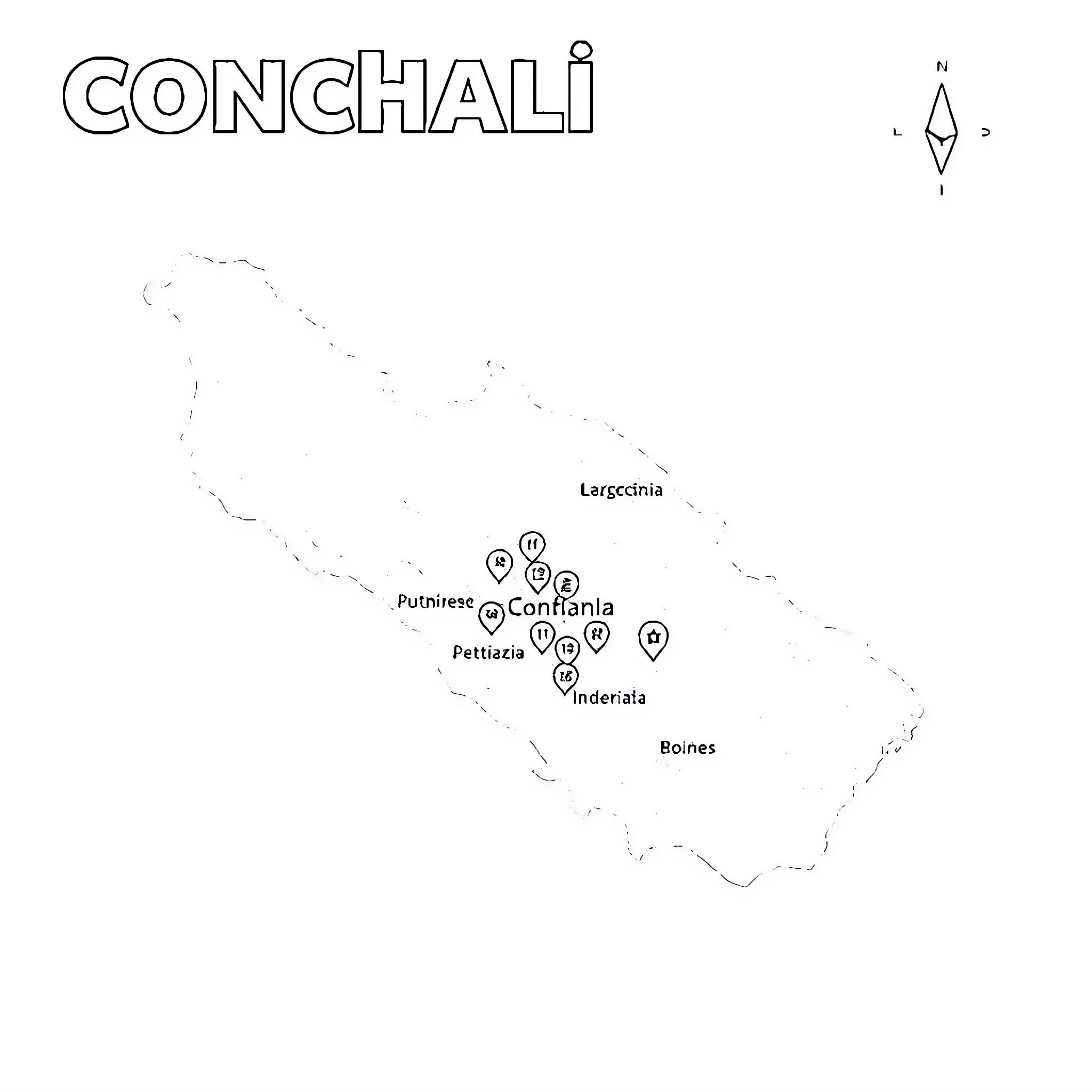 Map of locations in Conchali Coloring Page (free black-and-white line drawing printable PDF for all, from beginners to advanced learners, including children, teens, adults, and seniors)