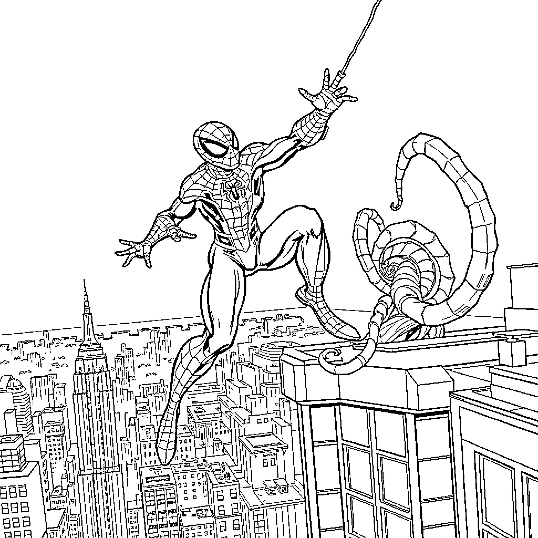 Spider-Man swinging through the city skyline Coloring Page (free black-and-white line drawing printable PDF for all, from beginners to advanced learners, including children, teens, adults, and seniors)