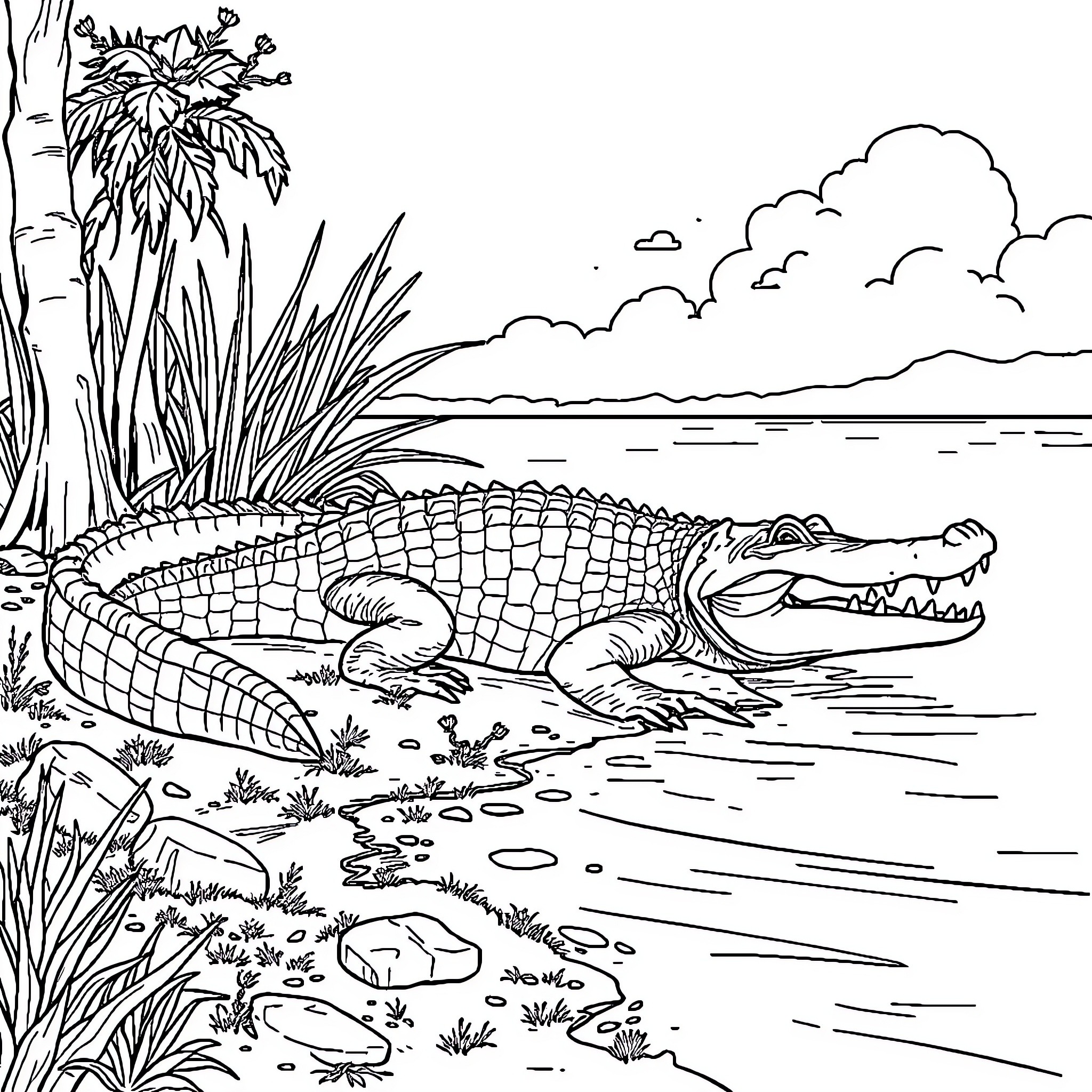 Crocodile basking in the sun by the riverbank Coloring Page (free black-and-white line drawing printable PDF for all, from beginners to advanced learners, including children, teens, adults, and seniors)