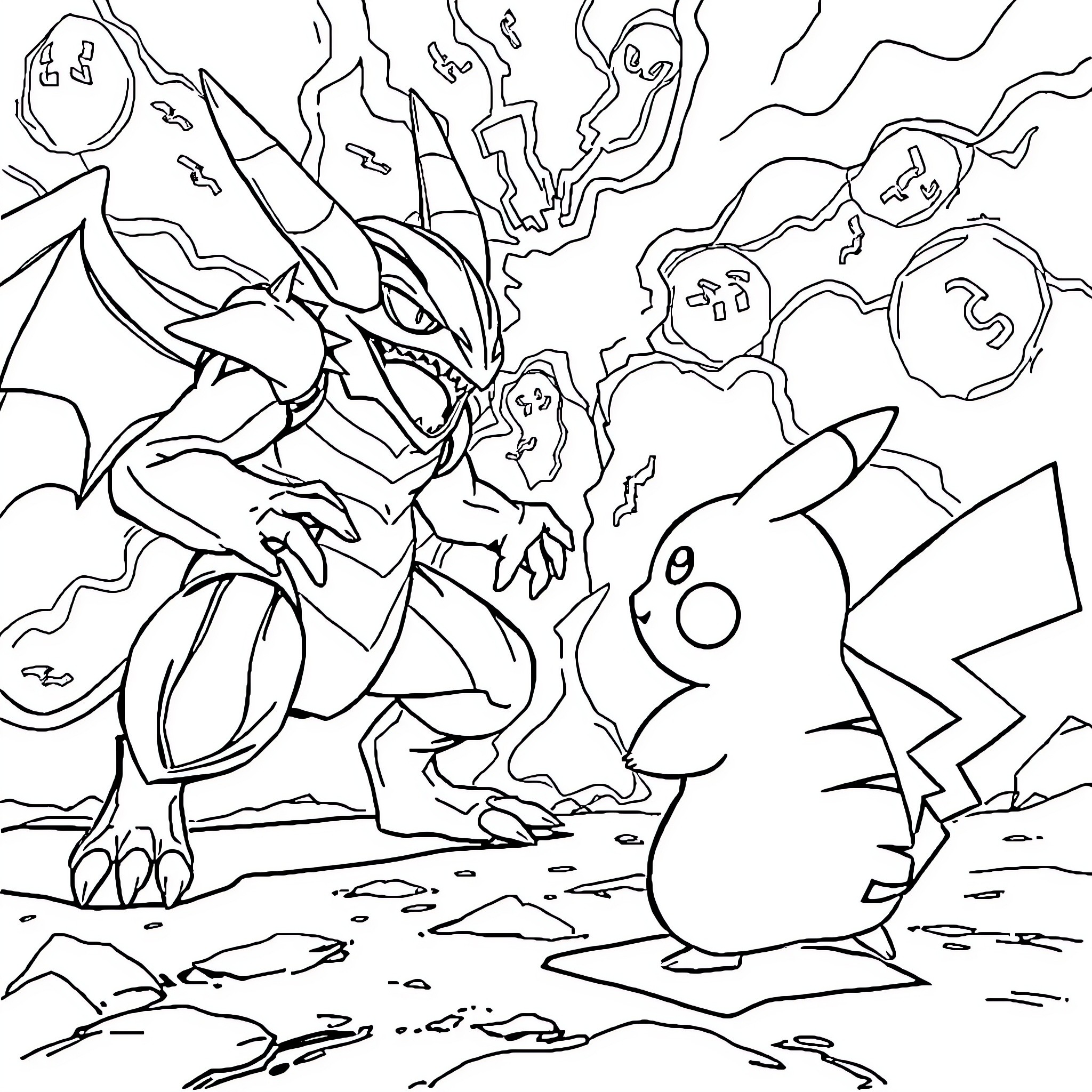 Pikachu confronting a fierce dragon-like creature Coloring Page (free black-and-white line drawing printable PDF for all, from beginners to advanced learners, including children, teens, adults, and seniors)