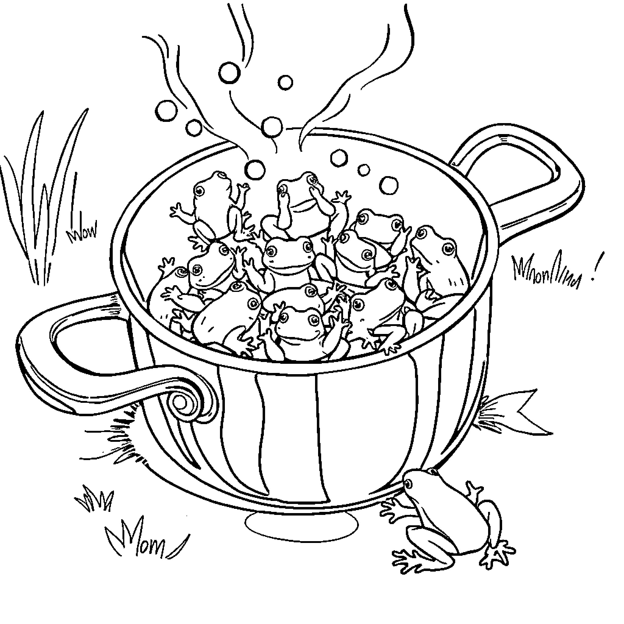 Saucepan full of happy frogs Coloring Page (free black-and-white line drawing printable PDF for all, from beginners to advanced learners, including children, teens, adults, and seniors)