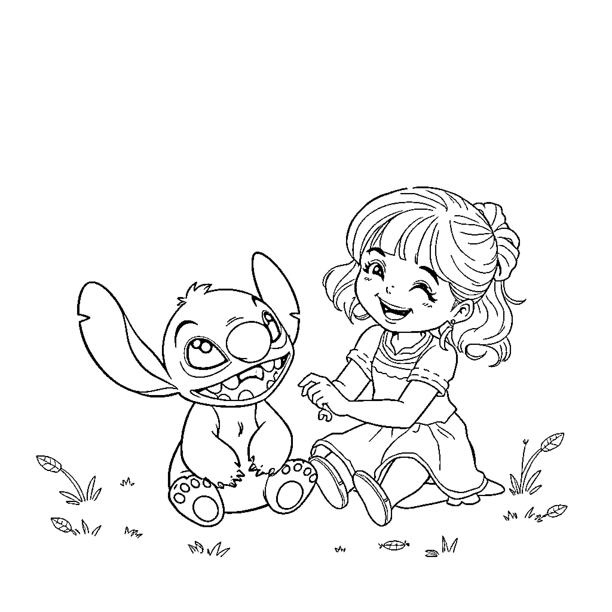 Grace playing with a friendly creature in the garden Coloring Page (free black-and-white line drawing printable PDF for all, from beginners to advanced learners, including children, teens, adults, and seniors)