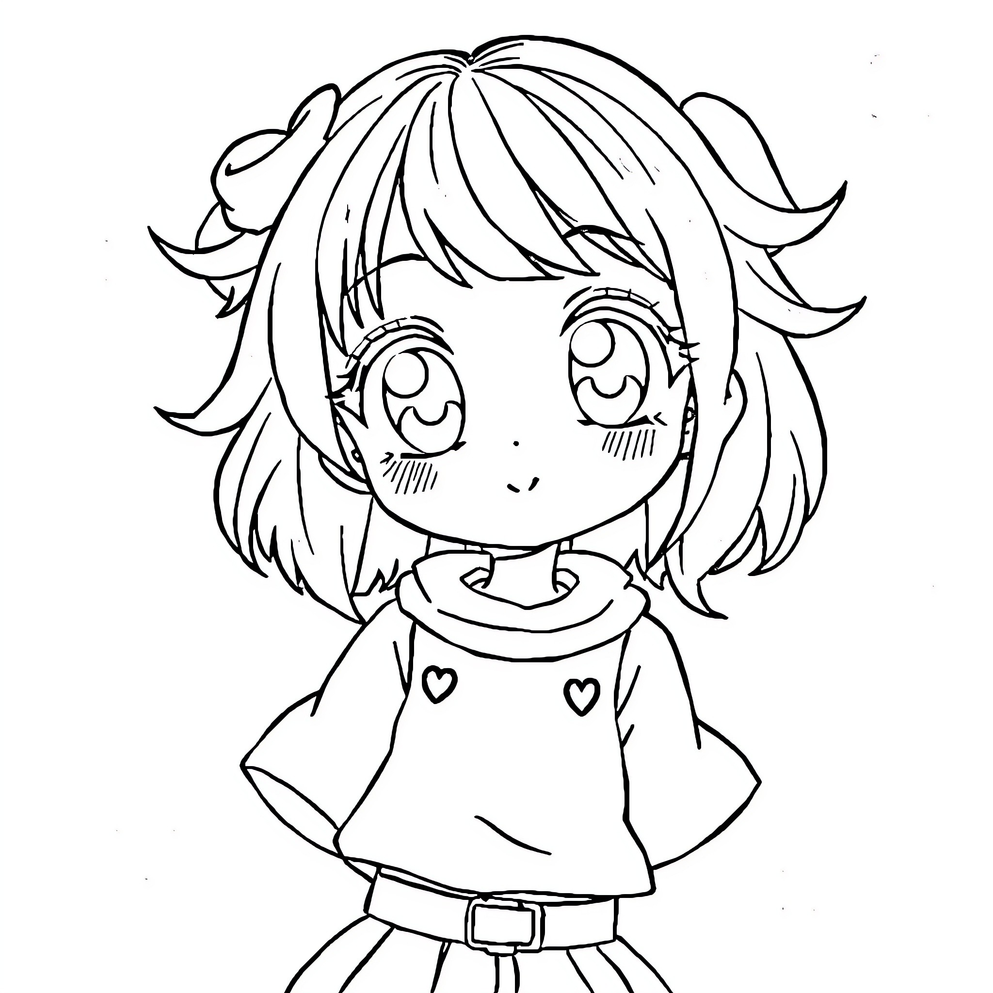 Girl with Expressive Anime-Style Features Coloring Page (free black-and-white line drawing printable PDF for all, from beginners to advanced learners, including children, teens, adults, and seniors)