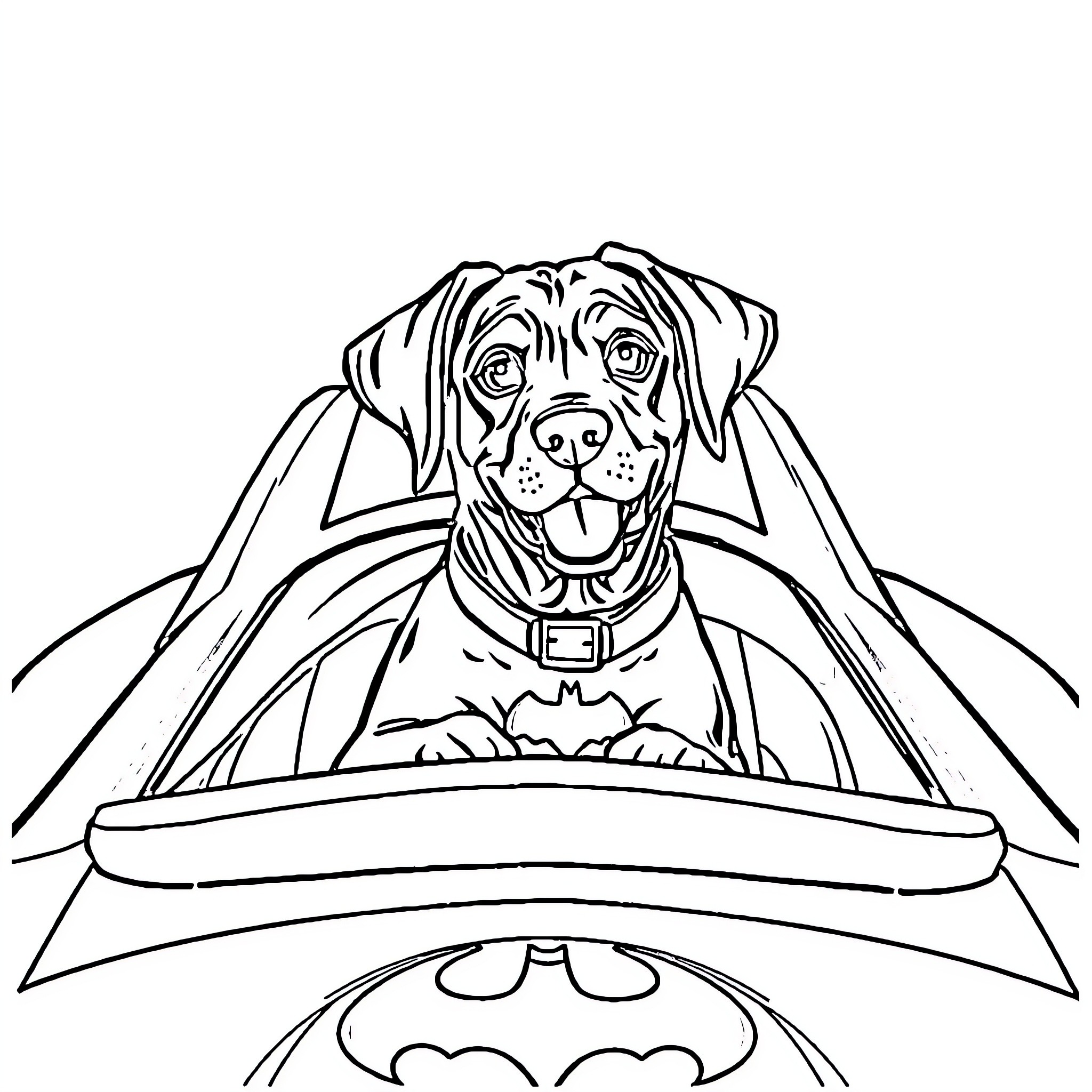 Dog superhero in a heroic pose Coloring Page (free black-and-white line drawing printable PDF for all, from beginners to advanced learners, including children, teens, adults, and seniors)