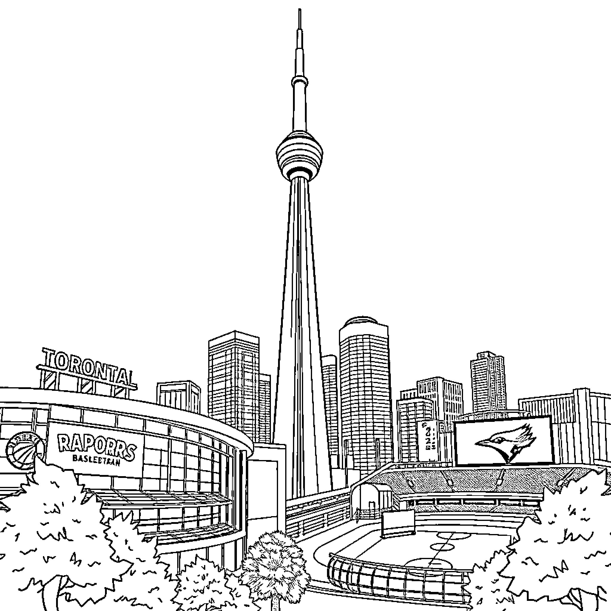 CN Tower dominating the Toronto skyline Coloring Page (free black-and-white line drawing printable PDF for all, from beginners to advanced learners, including children, teens, adults, and seniors)