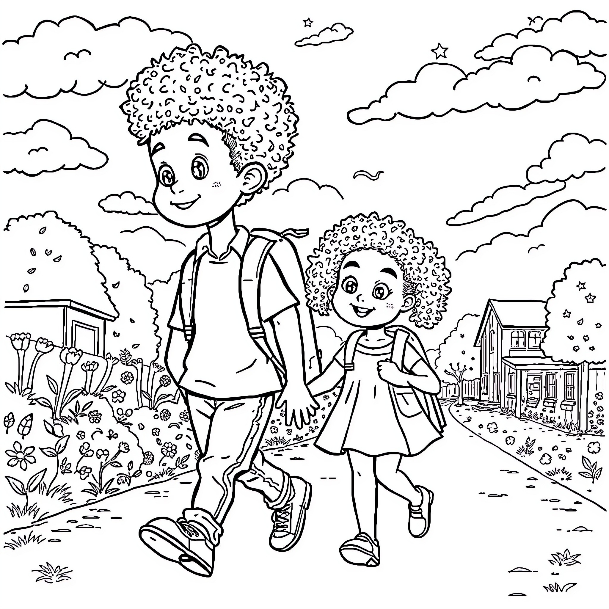 Children walking happily in the countryside Coloring Page (free black-and-white line drawing printable PDF for all, from beginners to advanced learners, including children, teens, adults, and seniors)
