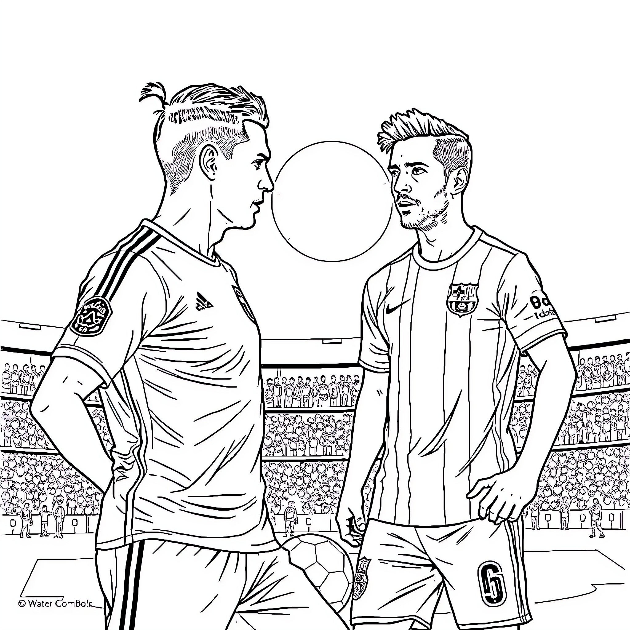 Cr7 Soccer Players in Intense Confrontation Coloring Page (free black-and-white line drawing printable PDF for all, from beginners to advanced learners, including children, teens, adults, and seniors)
