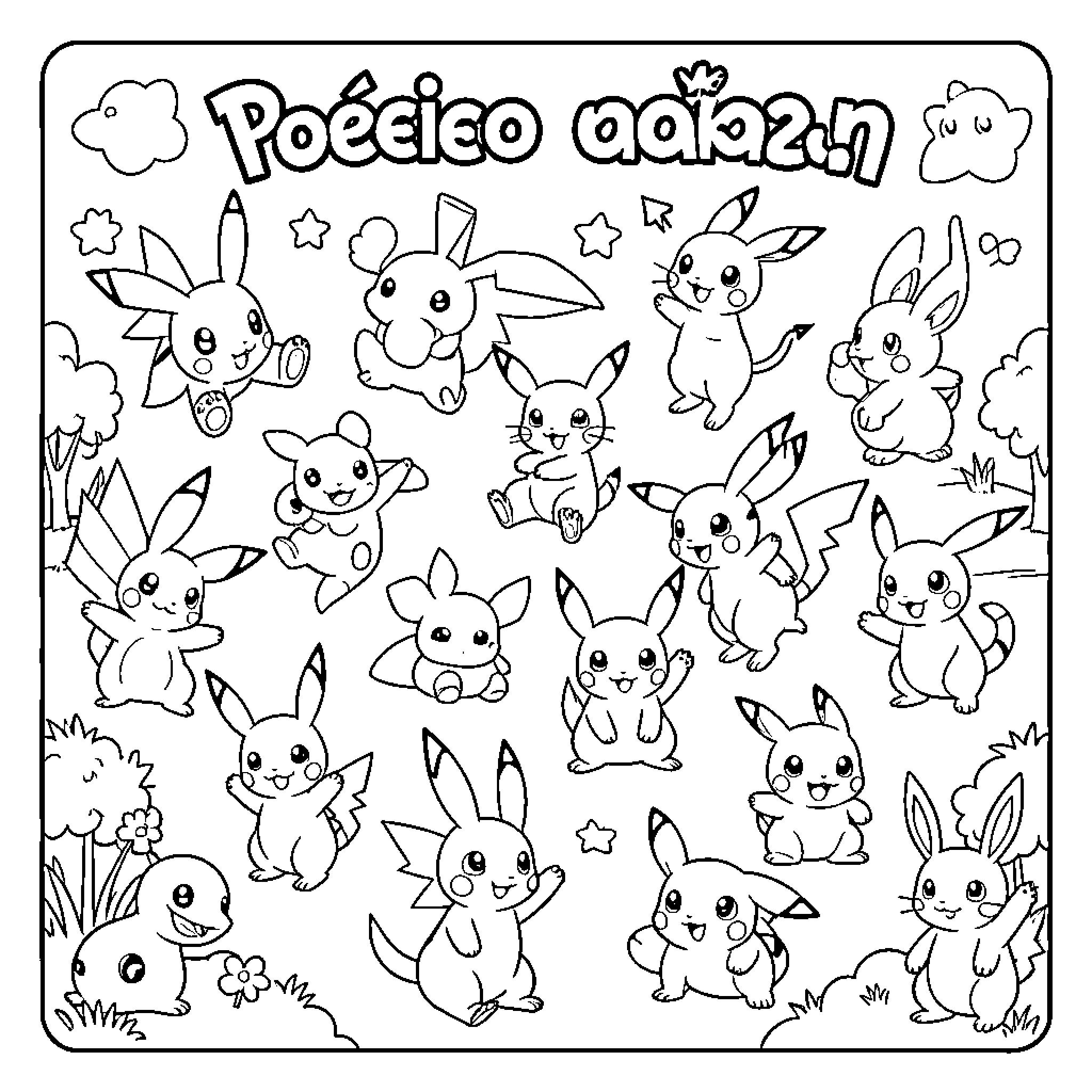 Pokémon characters in a playful scene Coloring Page (free black-and-white line drawing printable PDF for all, from beginners to advanced learners, including children, teens, adults, and seniors)