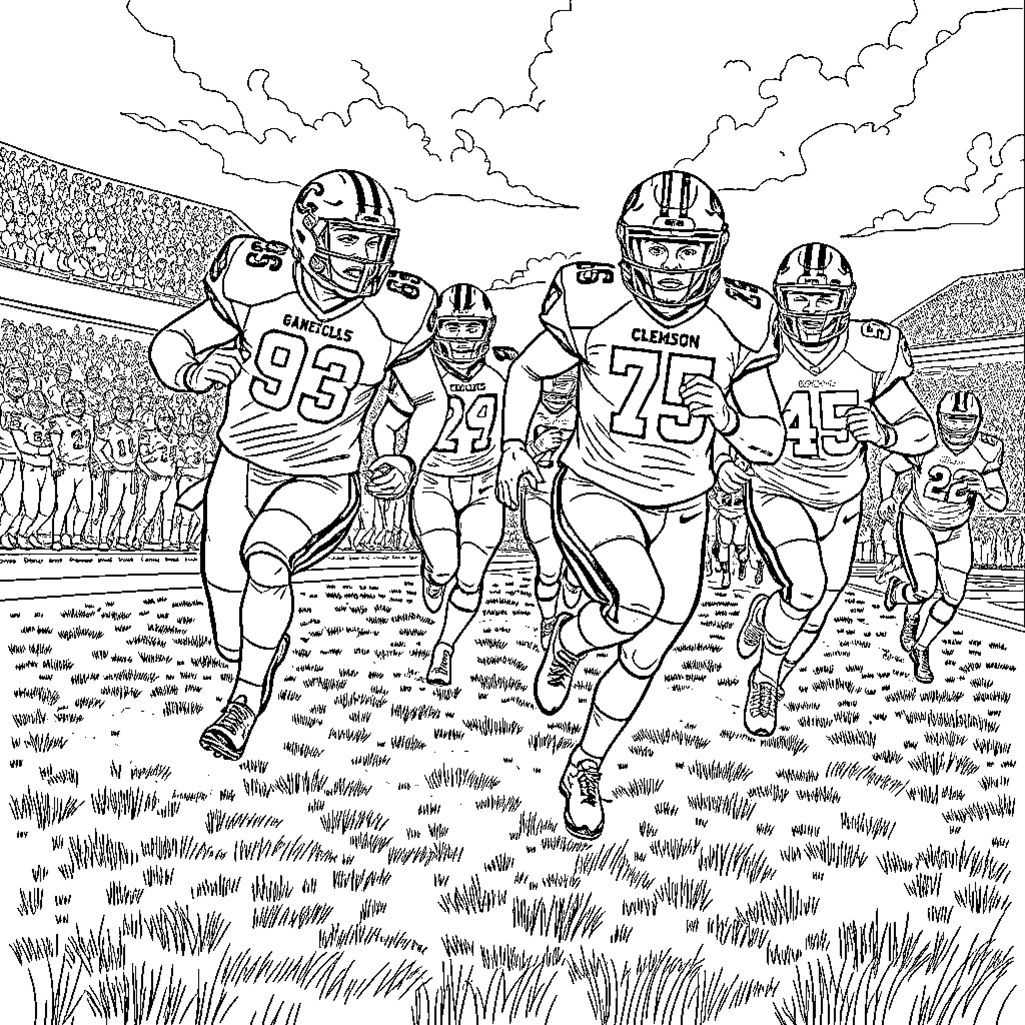 Football players in action on the field Coloring Page (free black-and-white line drawing printable PDF for all, from beginners to advanced learners, including children, teens, adults, and seniors)