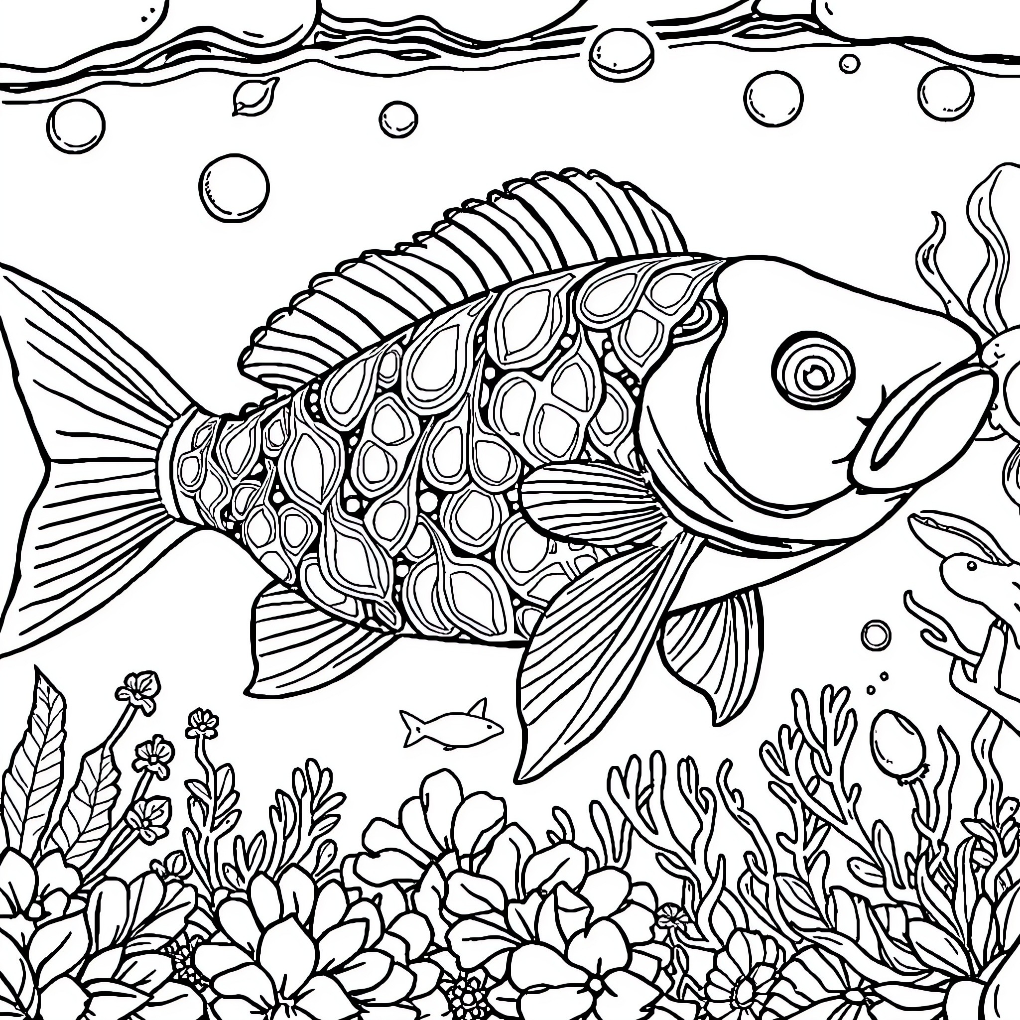 Underwater fish exploring coral reef Coloring Page (free black-and-white line drawing printable PDF for all, from beginners to advanced learners, including children, teens, adults, and seniors)