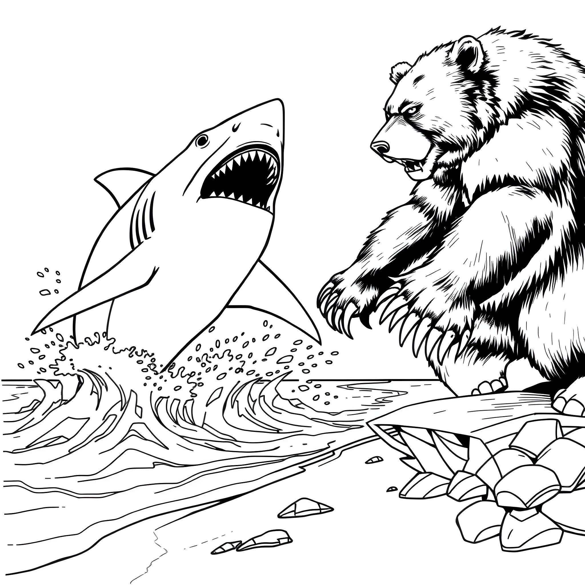 Shark stalking a grizzly bear on the beach Coloring Page (free black-and-white line drawing printable PDF for all, from beginners to advanced learners, including children, teens, adults, and seniors)