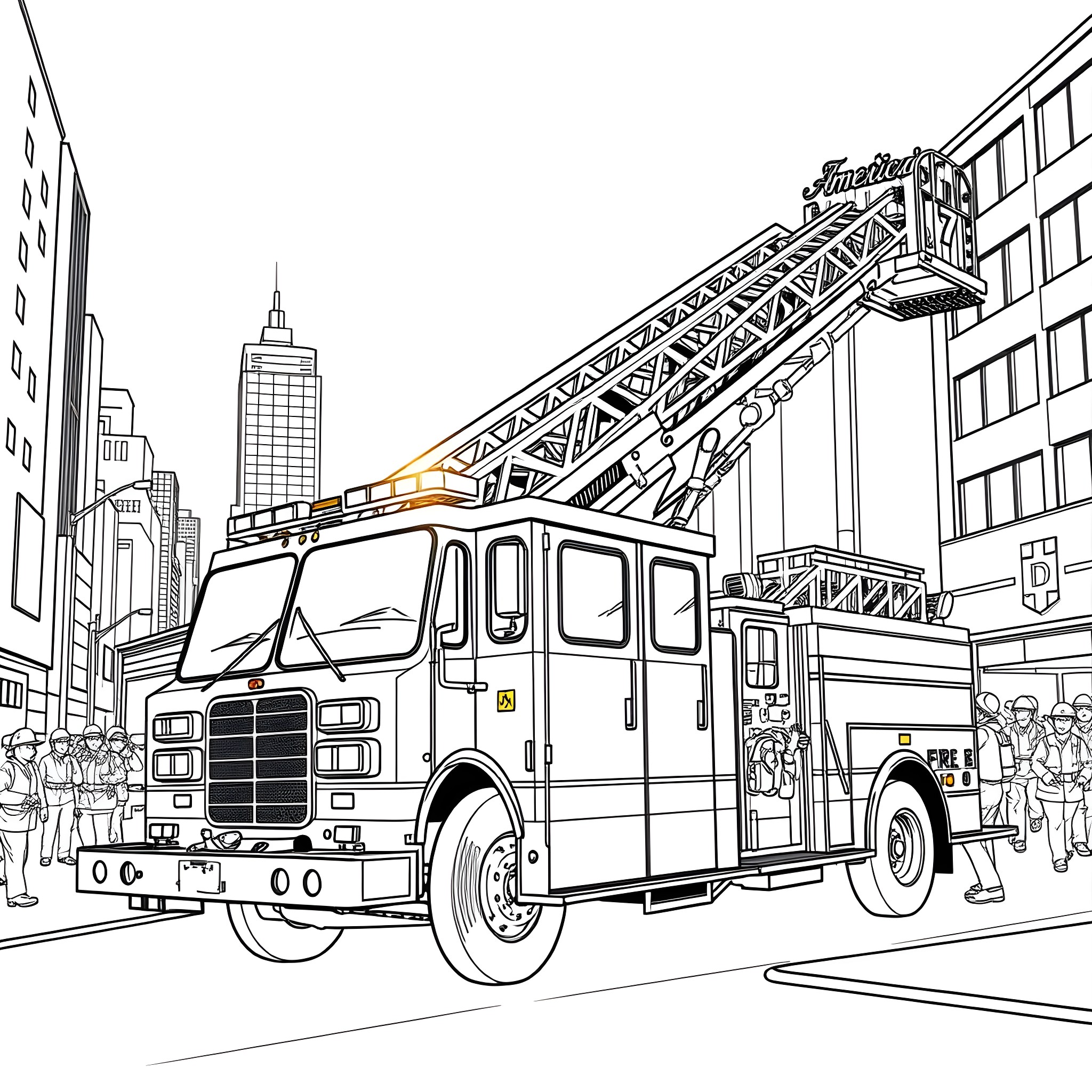 Fire Engine Responding to Emergency Incident in City Coloring Page (free black-and-white line drawing printable PDF for all, from beginners to advanced learners, including children, teens, adults, and seniors)
