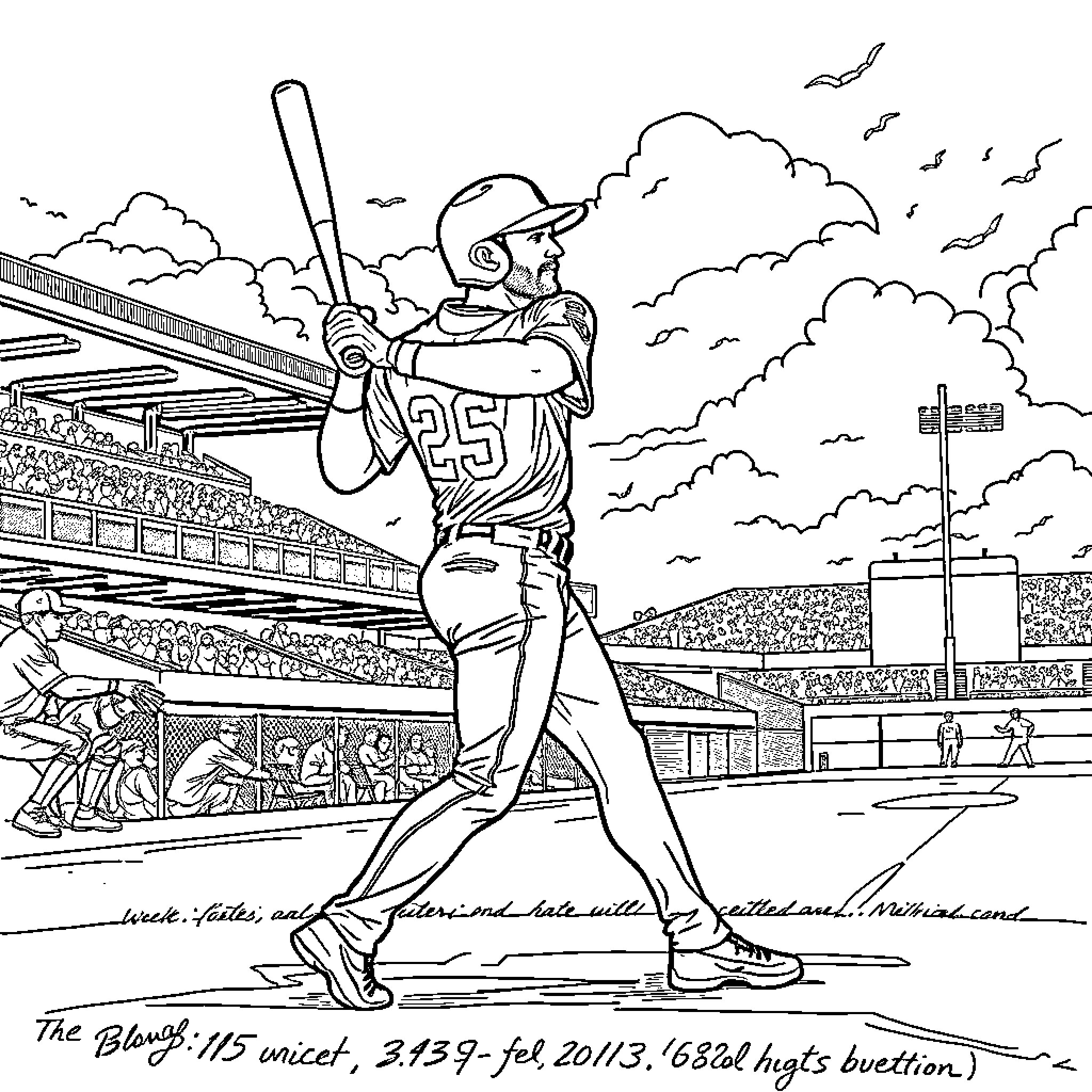 Bryce Harper batting in baseball stadium Coloring Page (free black-and-white line drawing printable PDF for all, from beginners to advanced learners, including children, teens, adults, and seniors)