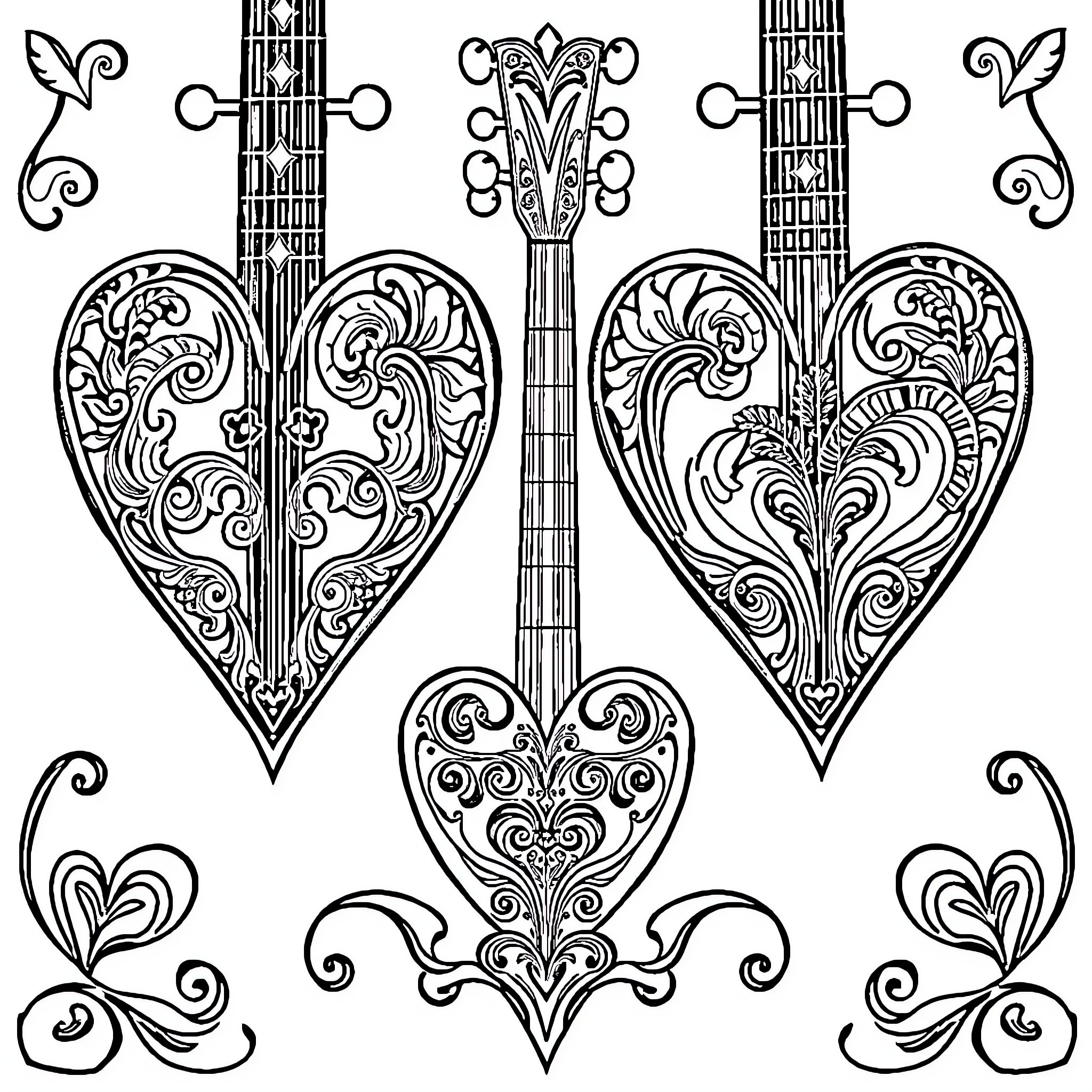Mandolin with Ornate Heart-Shaped Designs Coloring Page (free black-and-white line drawing printable PDF for all, from beginners to advanced learners, including children, teens, adults, and seniors)