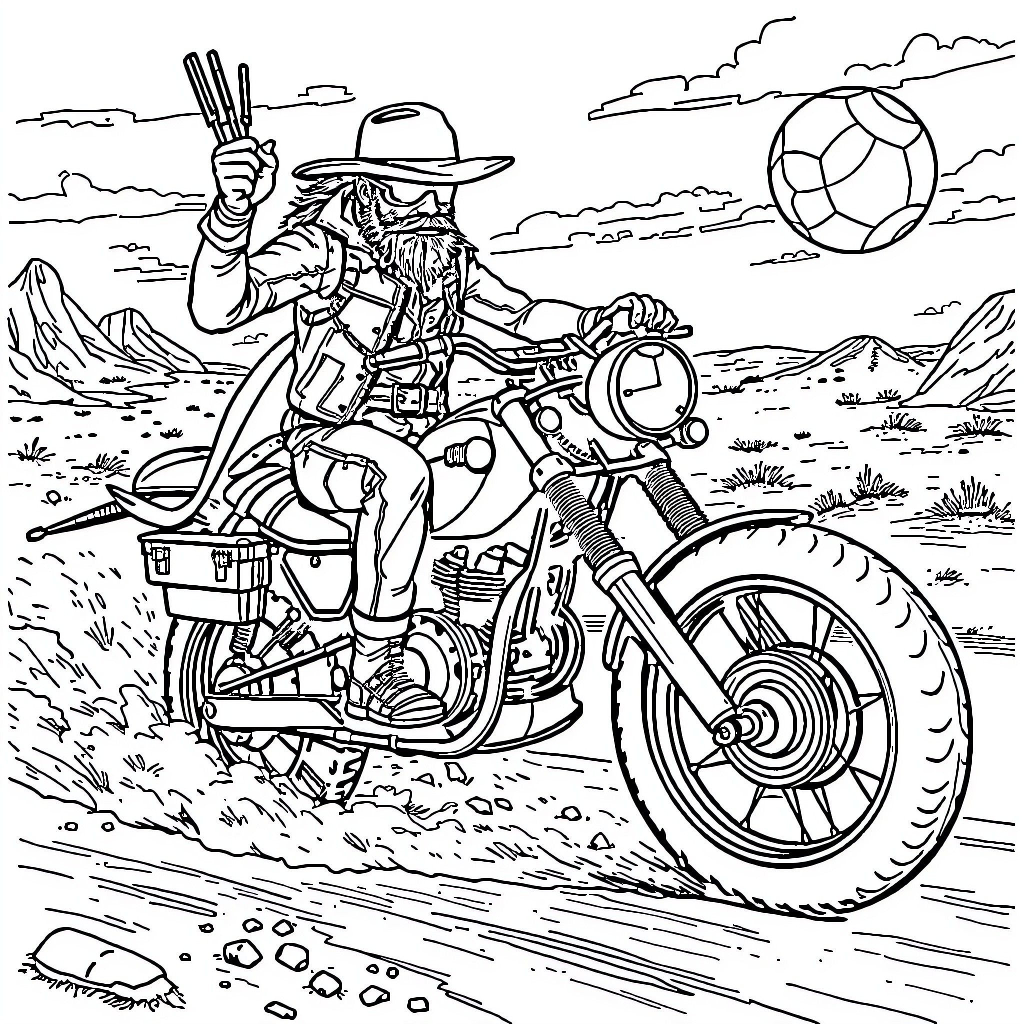 Mad Max Desert Motorcycle Adventure Coloring Page (free black-and-white line drawing printable PDF for all, from beginners to advanced learners, including children, teens, adults, and seniors)