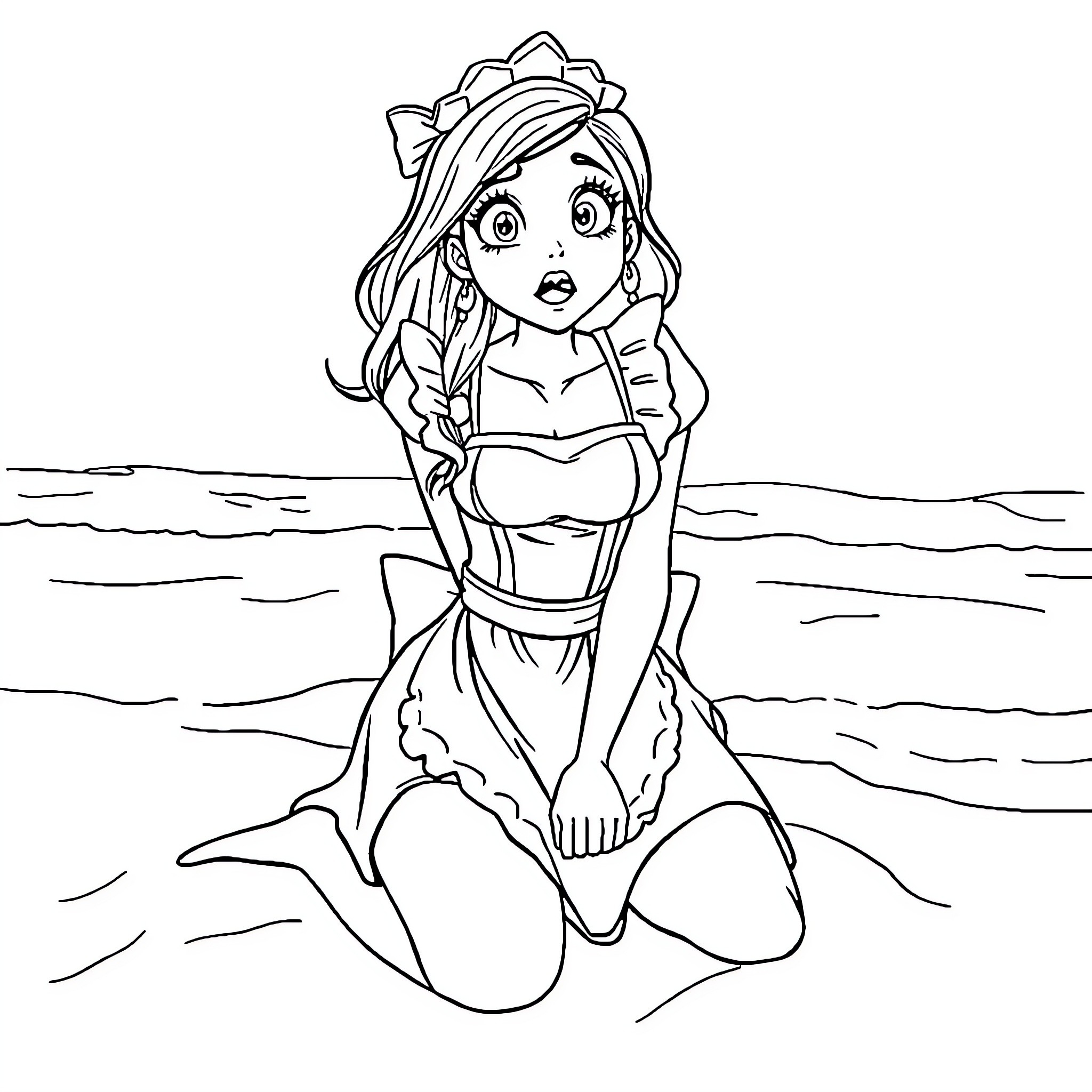 Maid serving on the beach Coloring Page (free black-and-white line drawing printable PDF for all, from beginners to advanced learners, including children, teens, adults, and seniors)