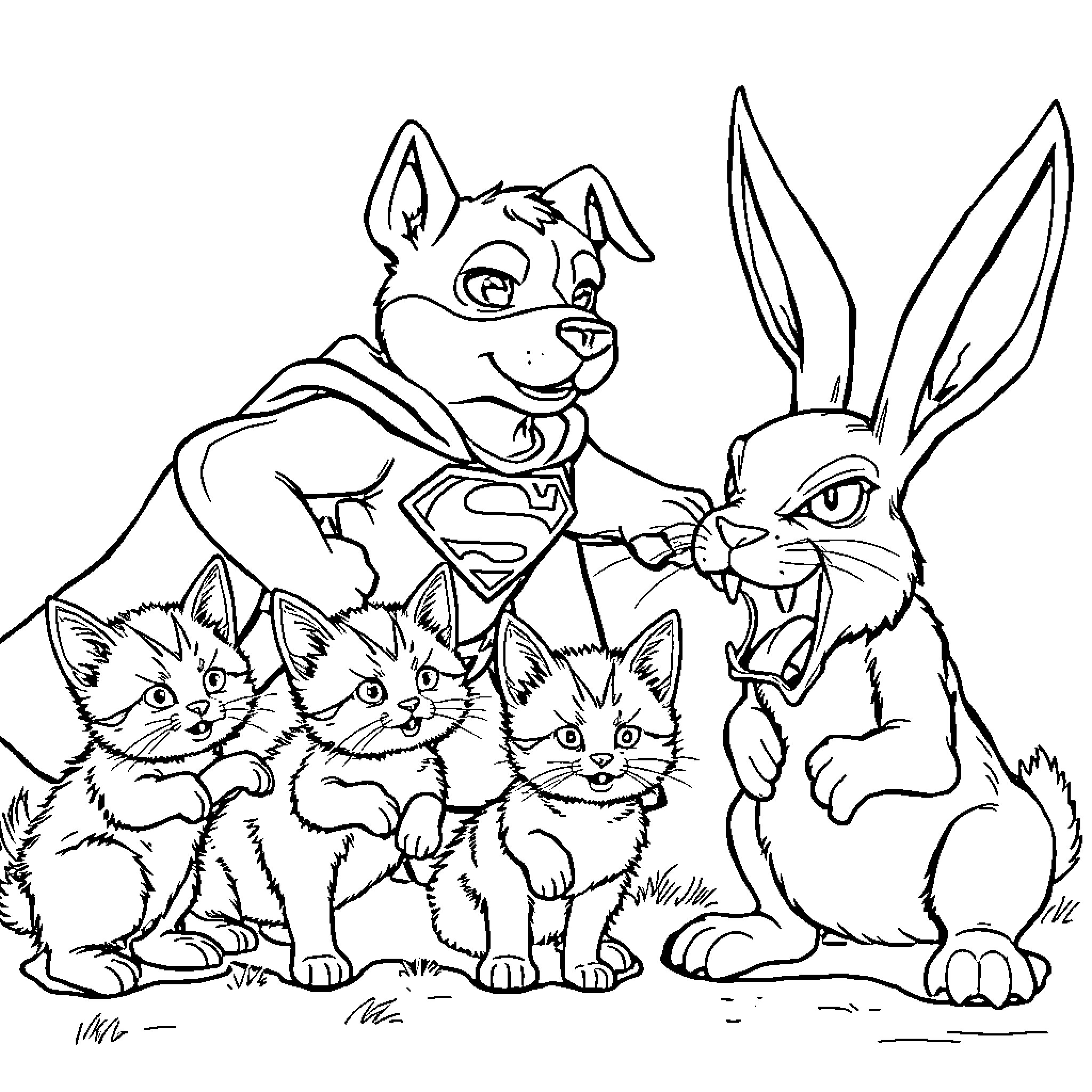 Dog and Rabbit Heroes with Kittens Coloring Page (free black-and-white line drawing printable PDF for all, from beginners to advanced learners, including children, teens, adults, and seniors)