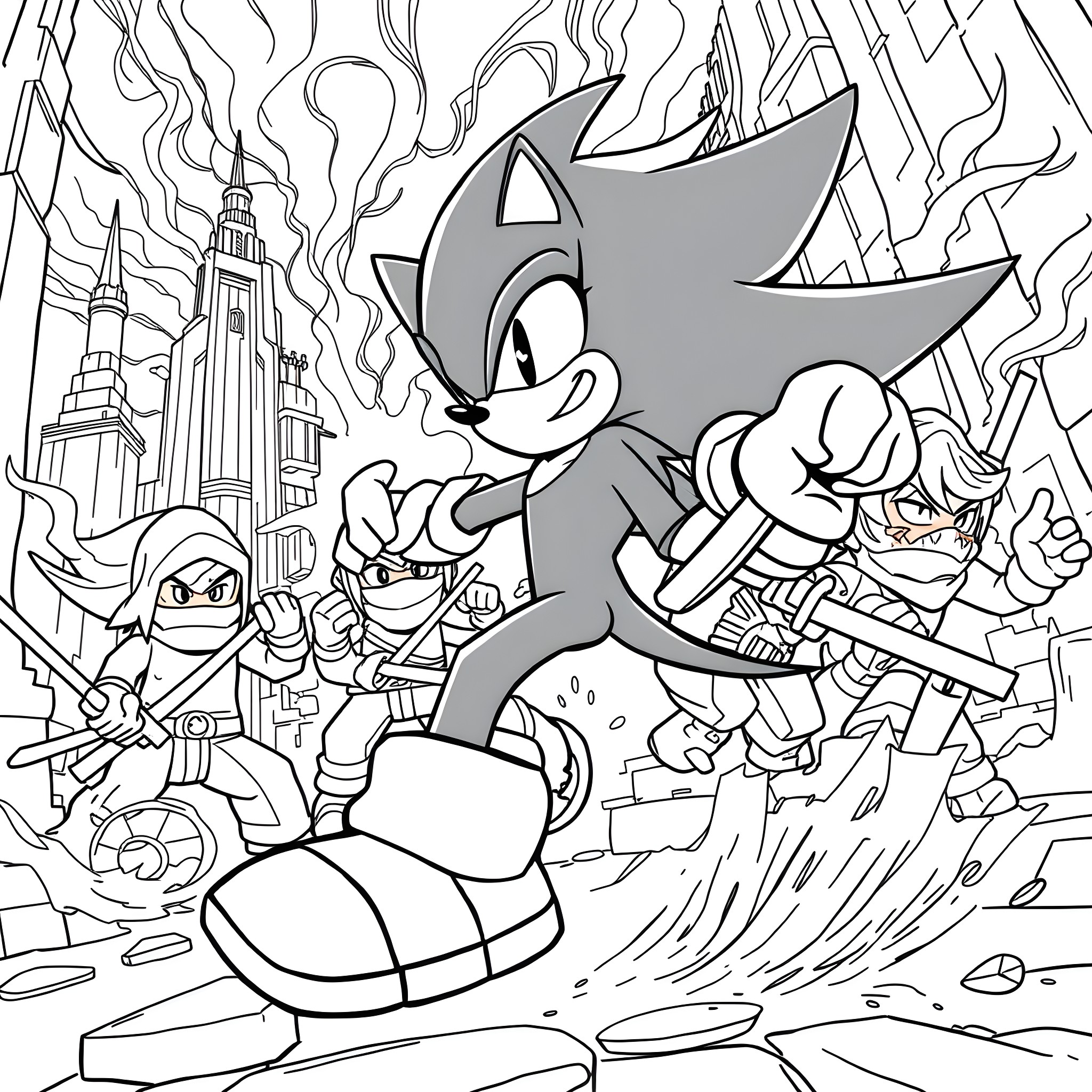 Shadow Sonic the Hedgehog in action-packed scene Coloring Page (free black-and-white line drawing printable PDF for all, from beginners to advanced learners, including children, teens, adults, and seniors)