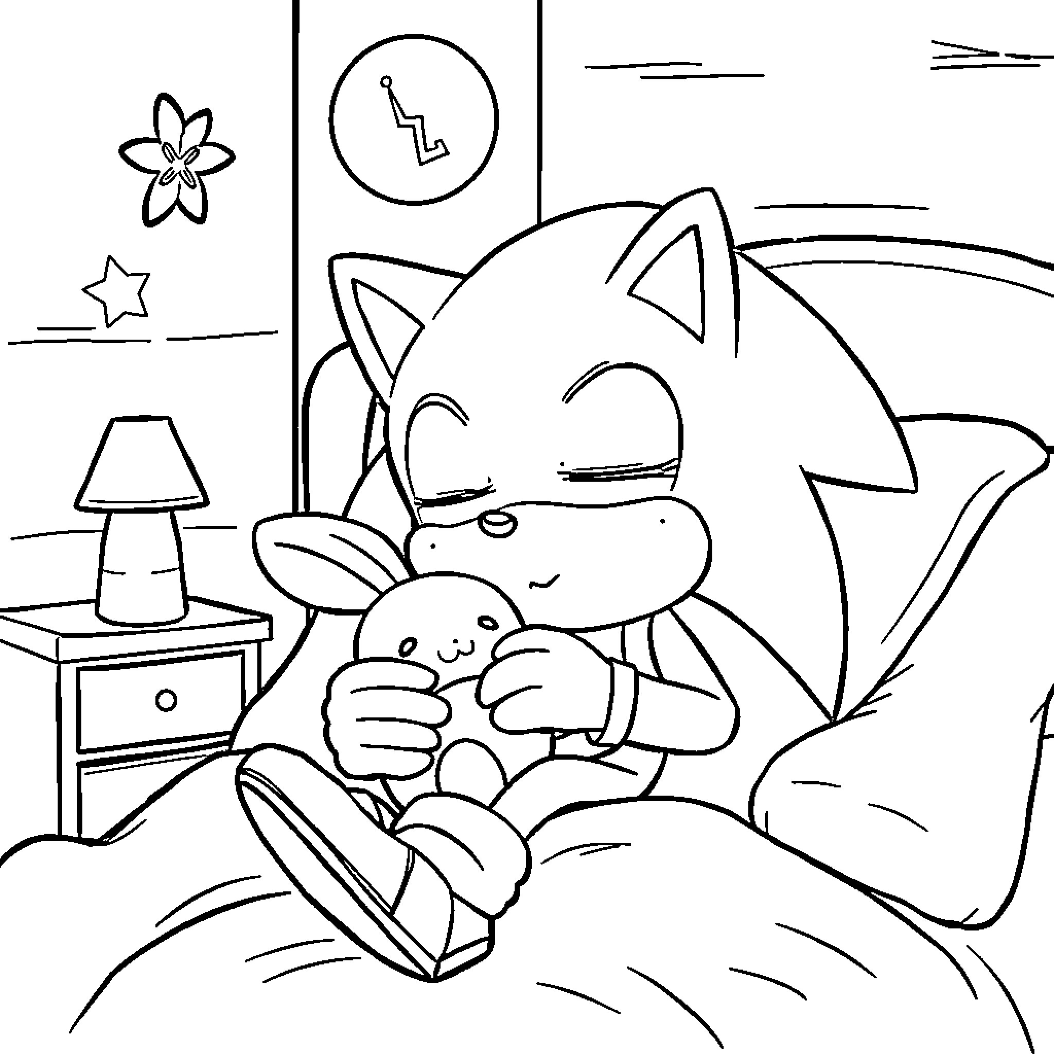 Sonic's Cozy Bedtime with Cute Companion Coloring Page (free black-and-white line drawing printable PDF for all, from beginners to advanced learners, including children, teens, adults, and seniors)
