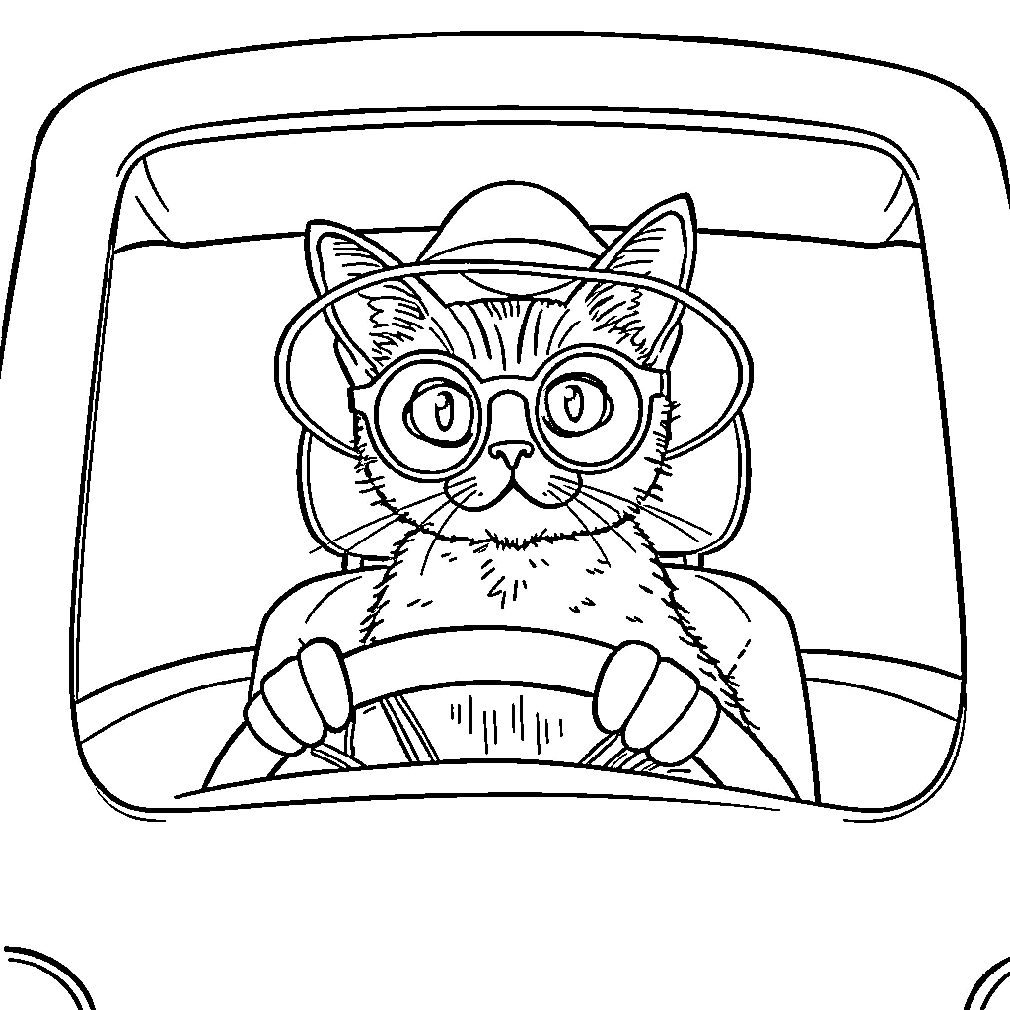 Cat driving a vehicle with glasses Coloring Page (free black-and-white line drawing printable PDF for all, from beginners to advanced learners, including children, teens, adults, and seniors)