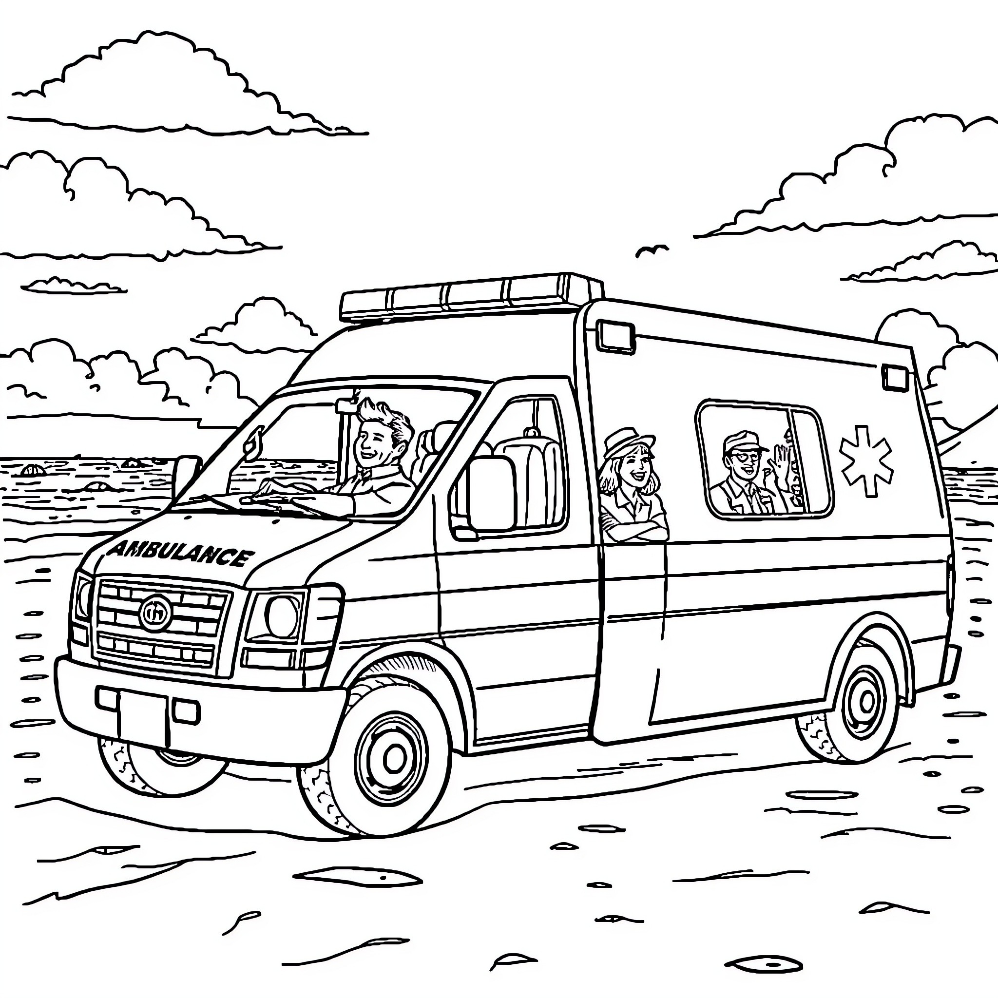 Ambulance rushing to an emergency on a country road Coloring Page (free black-and-white line drawing printable PDF for all, from beginners to advanced learners, including children, teens, adults, and seniors)