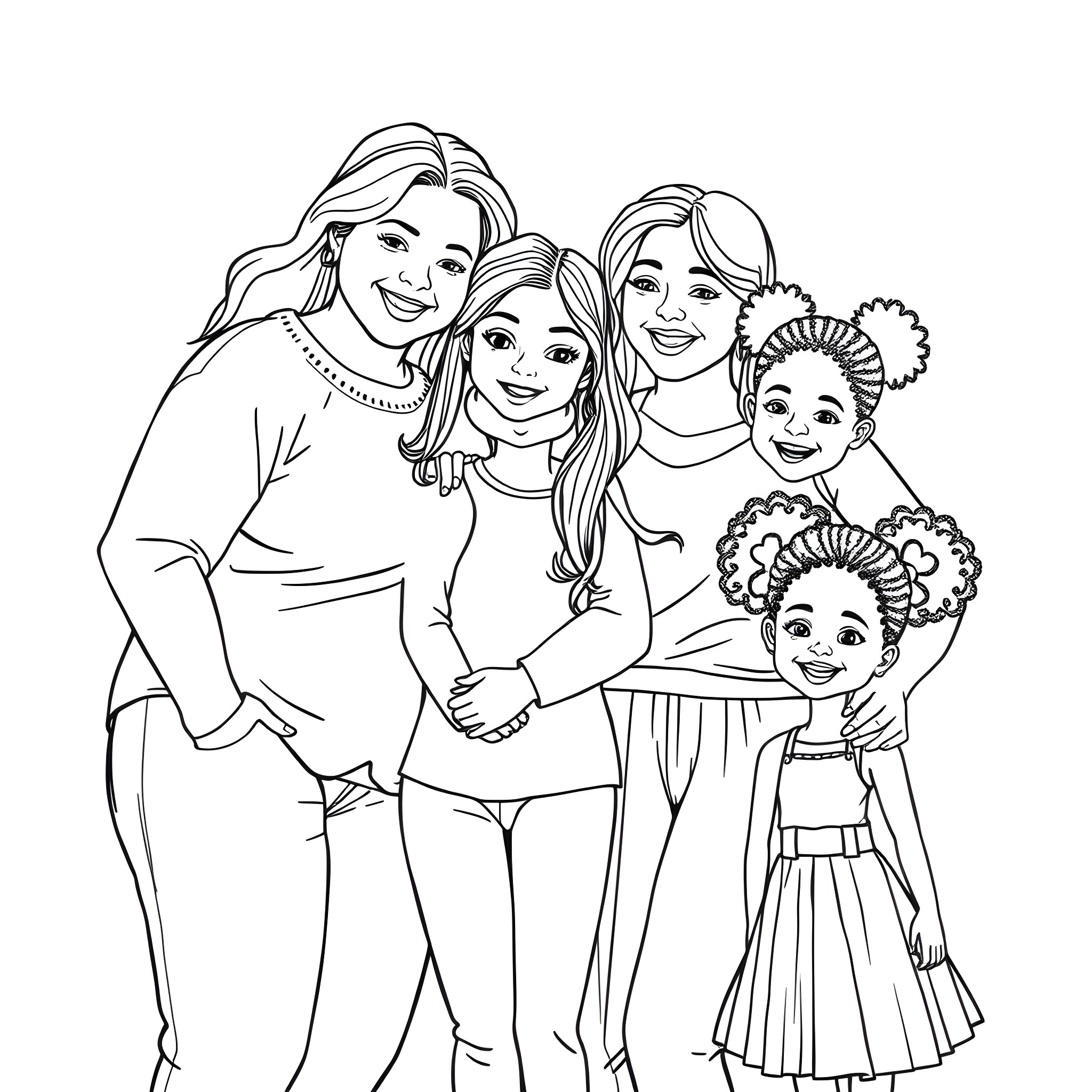 Family enjoying quality time together Coloring Page (free black-and-white line drawing printable PDF for all, from beginners to advanced learners, including children, teens, adults, and seniors)