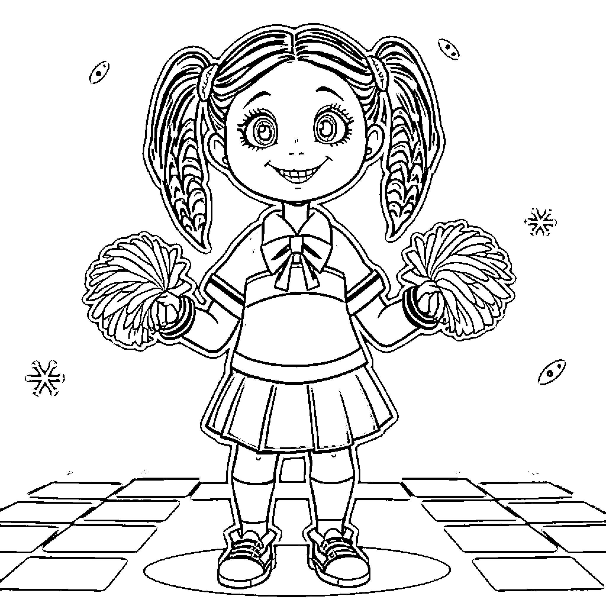 Wednesday's Cheerful Cheer Coloring Page (free black-and-white line drawing printable PDF for all, from beginners to advanced learners, including children, teens, adults, and seniors)