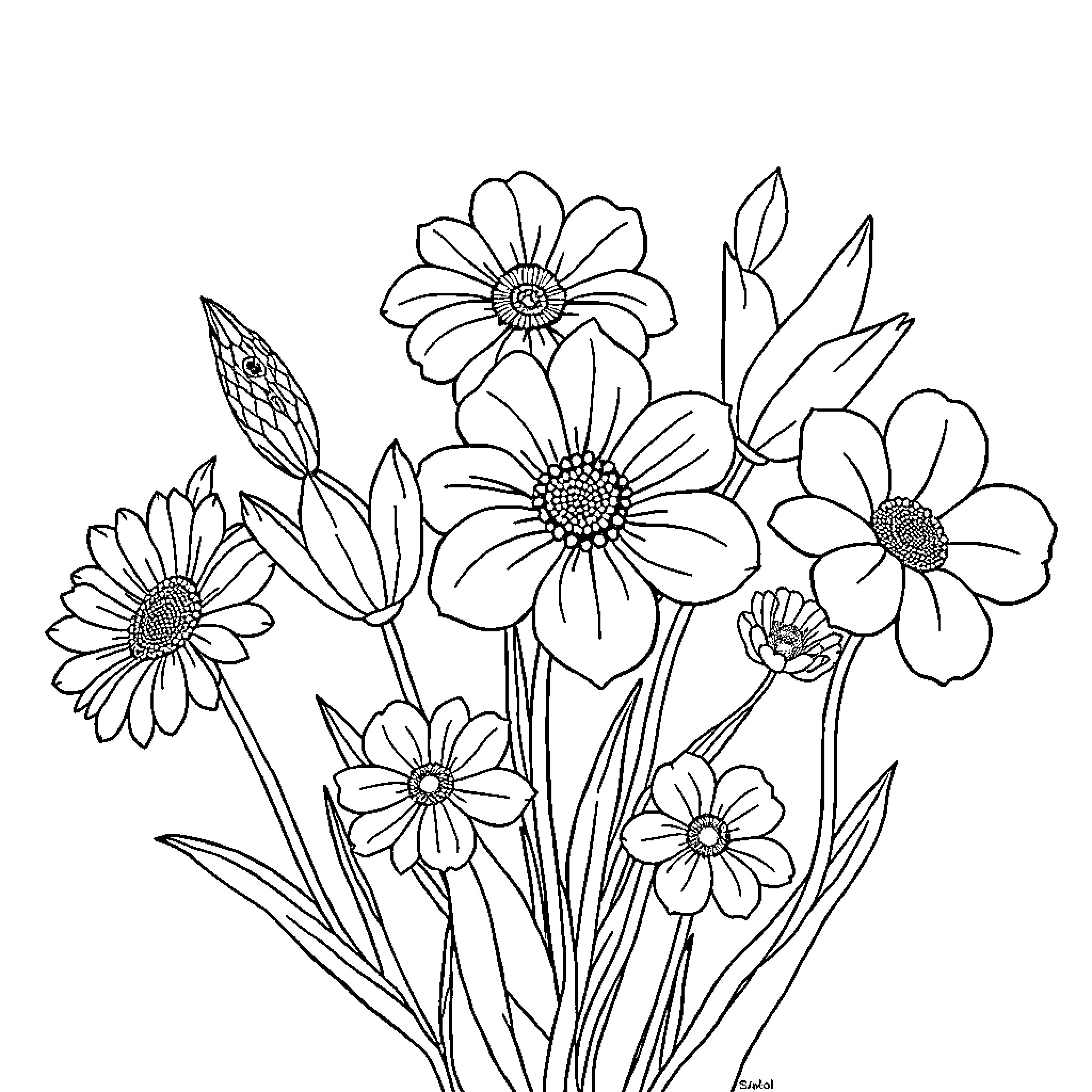 Flower garden with blooming floral bouquet Coloring Page (free black-and-white line drawing printable PDF for all, from beginners to advanced learners, including children, teens, adults, and seniors)