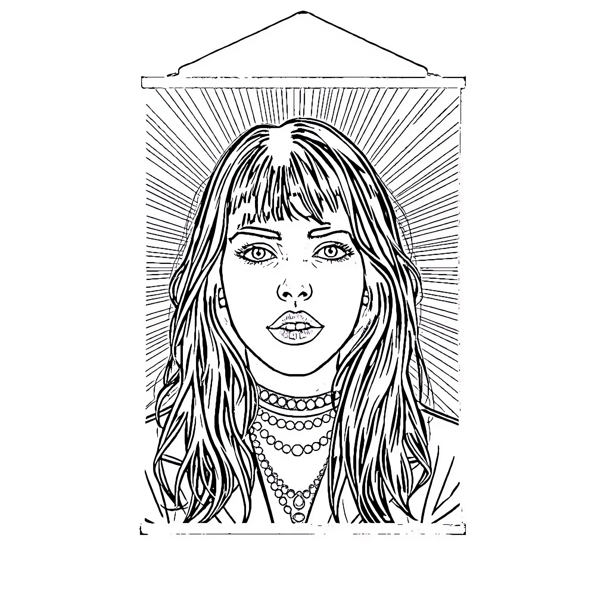 Billie Eilish's Artistic Portrait with Stylized Features Coloring Page (free black-and-white line drawing printable PDF for all, from beginners to advanced learners, including children, teens, adults, and seniors)