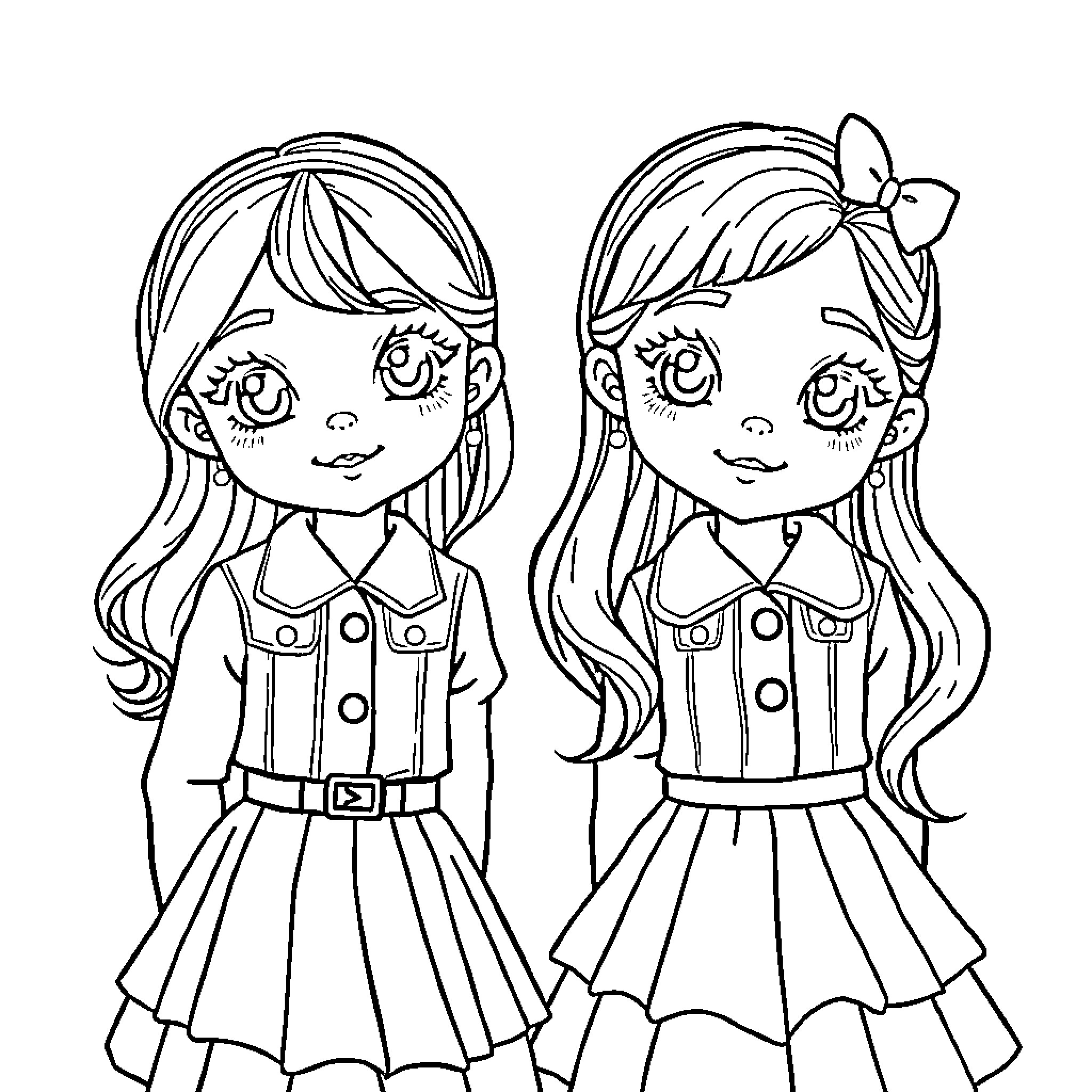 Nena's Fashionable Friends Posing Happily Coloring Page (free black-and-white line drawing printable PDF for all, from beginners to advanced learners, including children, teens, adults, and seniors)