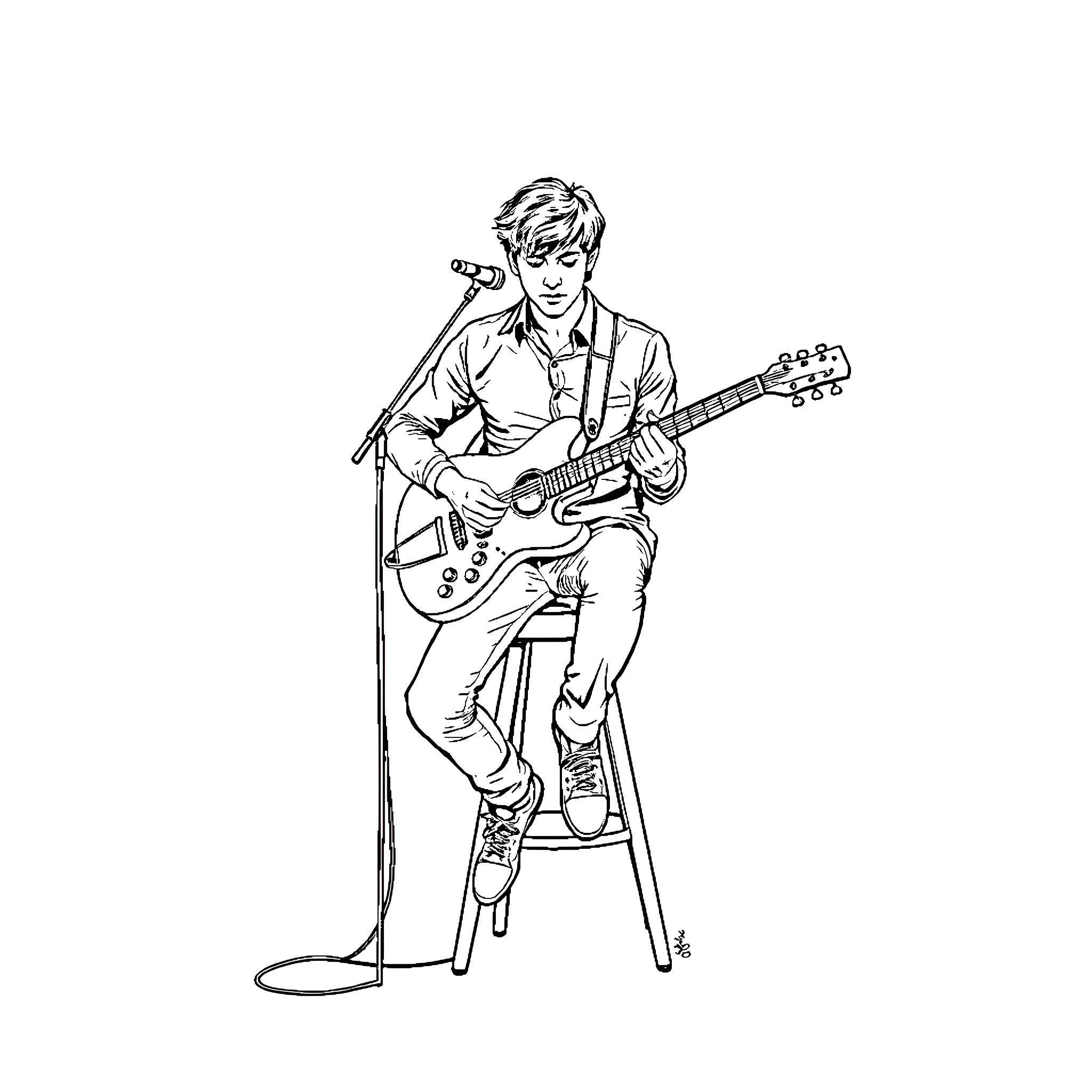 Alex Turner Performing on Stage with Guitar Coloring Page (free black-and-white line drawing printable PDF for all, from beginners to advanced learners, including children, teens, adults, and seniors)