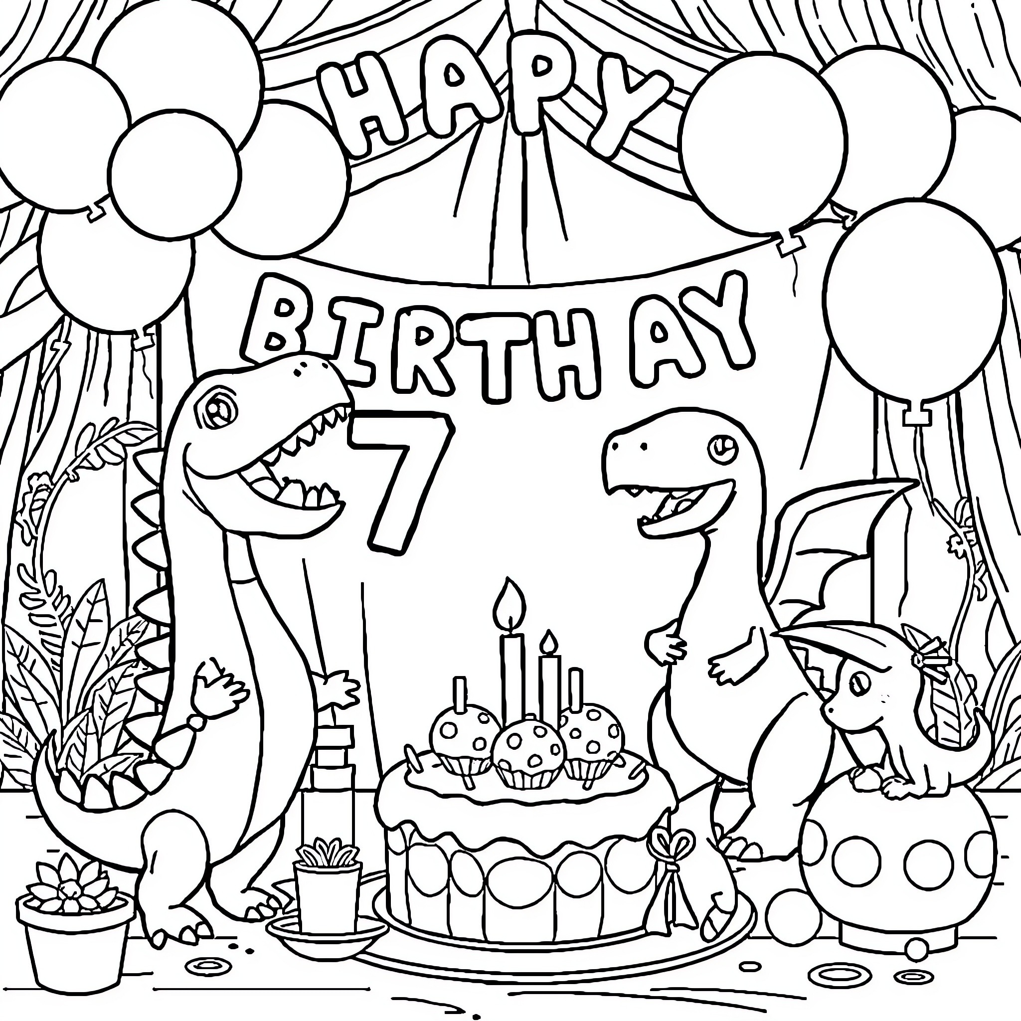 Dinosaur birthday party with balloons and cake Coloring Page (free black-and-white line drawing printable PDF for all, from beginners to advanced learners, including children, teens, adults, and seniors)
