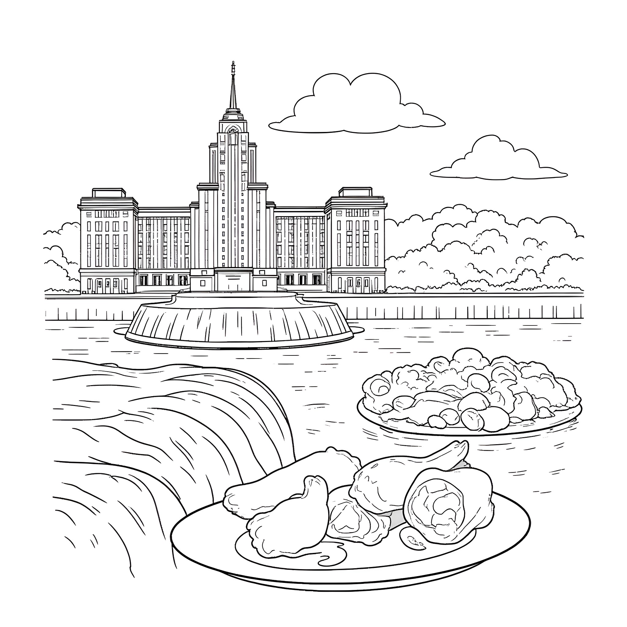 Buffalo-style dishes in front of a cityscape Coloring Page (free black-and-white line drawing printable PDF for all, from beginners to advanced learners, including children, teens, adults, and seniors)