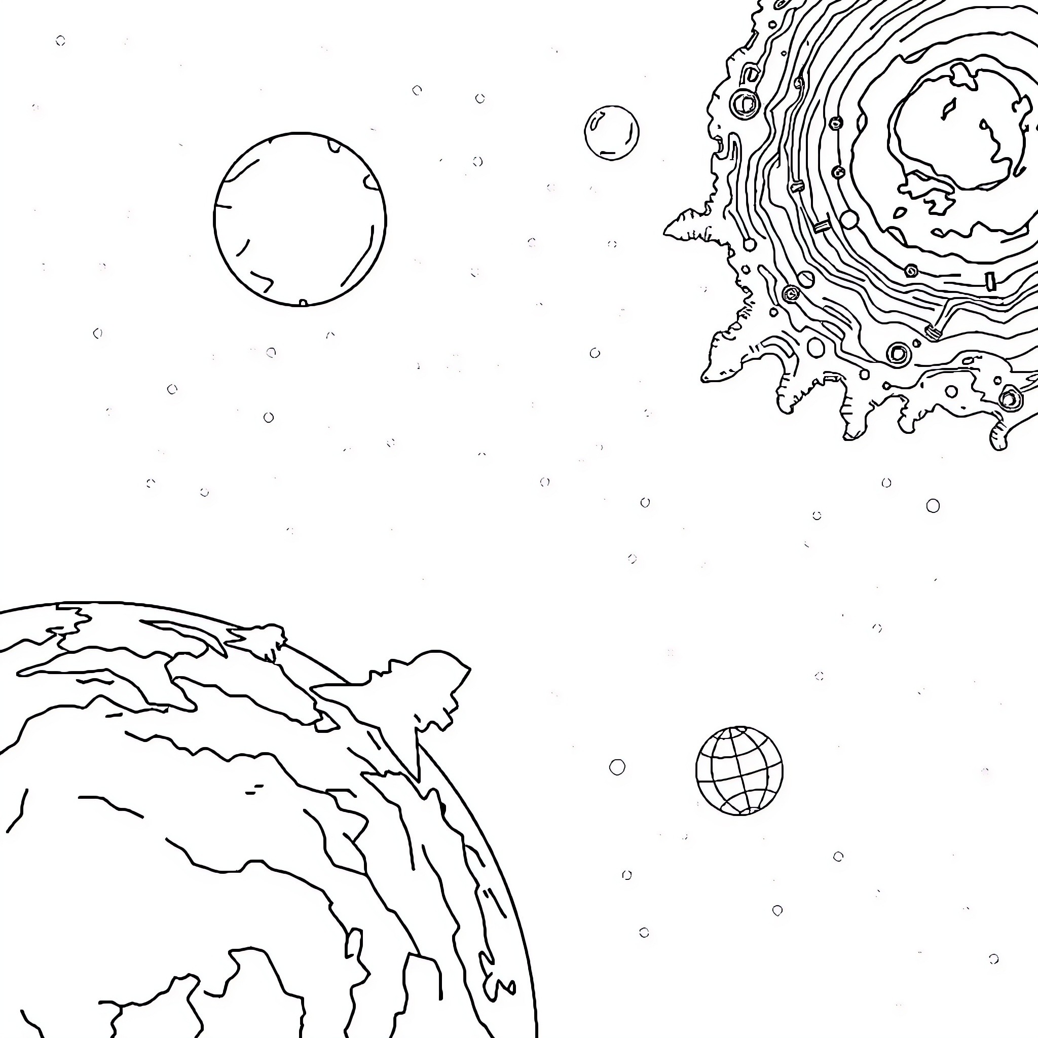 Countries exploring the vast cosmic universe Coloring Page (free black-and-white line drawing printable PDF for all, from beginners to advanced learners, including children, teens, adults, and seniors)